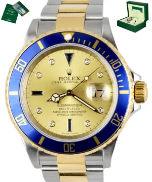 Rolex Submariner Champagne Serti Diamond Sapphire NO HOLES 16613 SEL Two-Tone