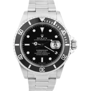 Rolex Submariner Date 16610 NO HOLES 40mm Black Stainless F SERIAL Dive Watch