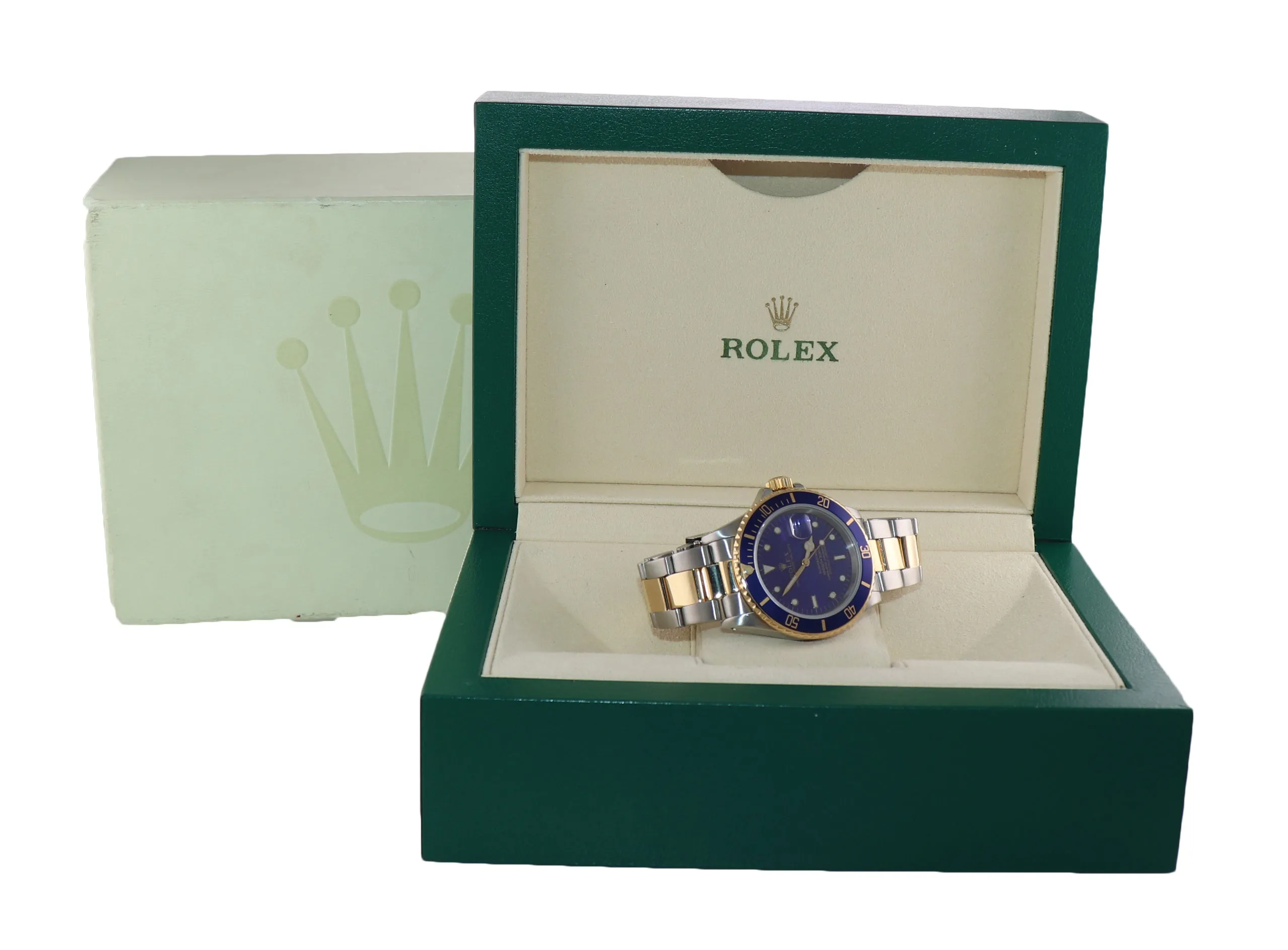 Rolex Submariner Date 16803 18K Gold Steel Two Tone Blue Dial Watch Box