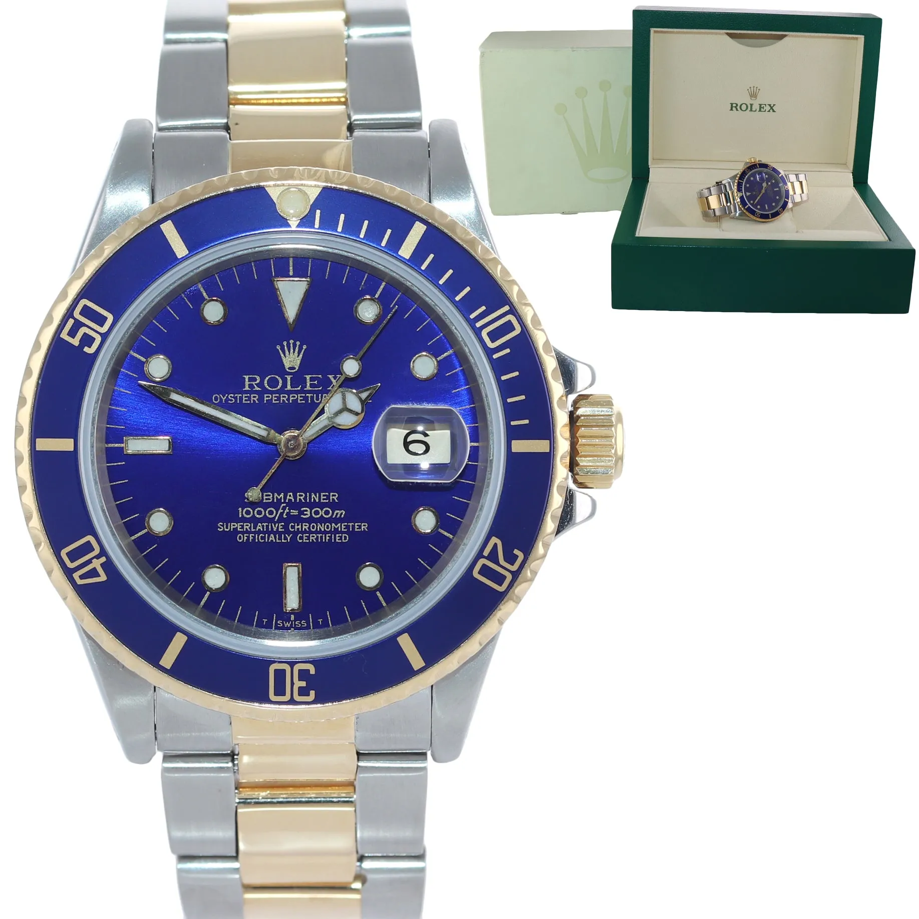 Rolex Submariner Date 16803 18K Gold Steel Two Tone Blue Dial Watch Box