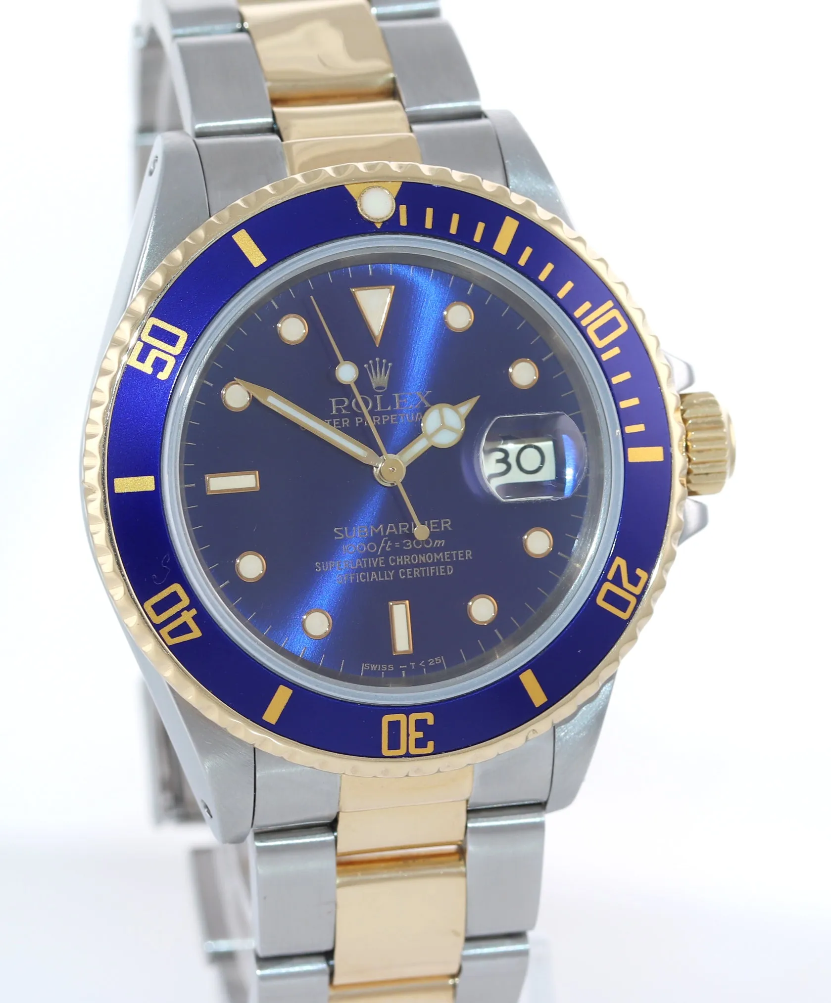 Rolex Submariner Date 16803 18K Gold Steel Two Tone Blue Dial Watch Box