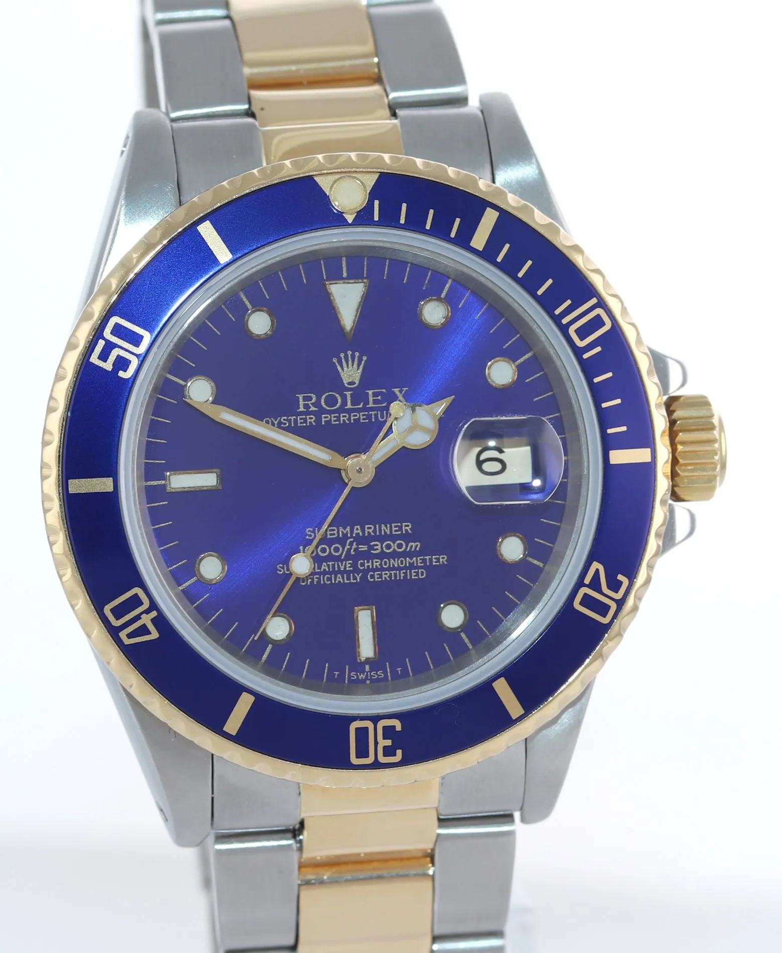 Rolex Submariner Date 16803 18K Gold Steel Two Tone Blue Dial Watch Box