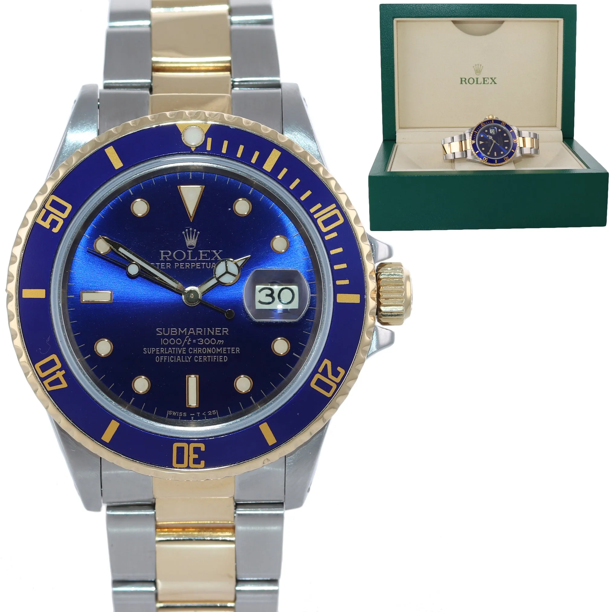 Rolex Submariner Date 16803 18K Gold Steel Two Tone Blue Dial Watch Box
