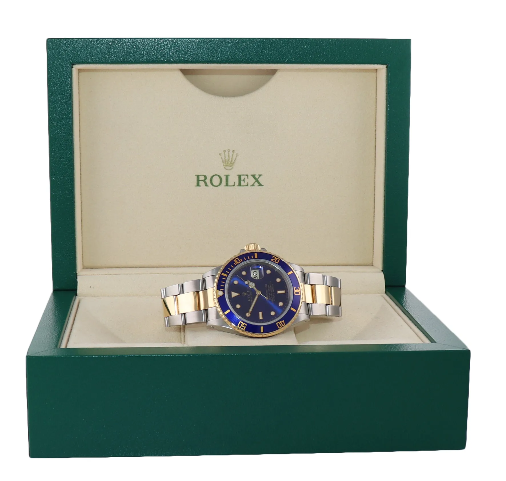 Rolex Submariner Date 16803 18K Gold Steel Two Tone Blue Dial Watch Box