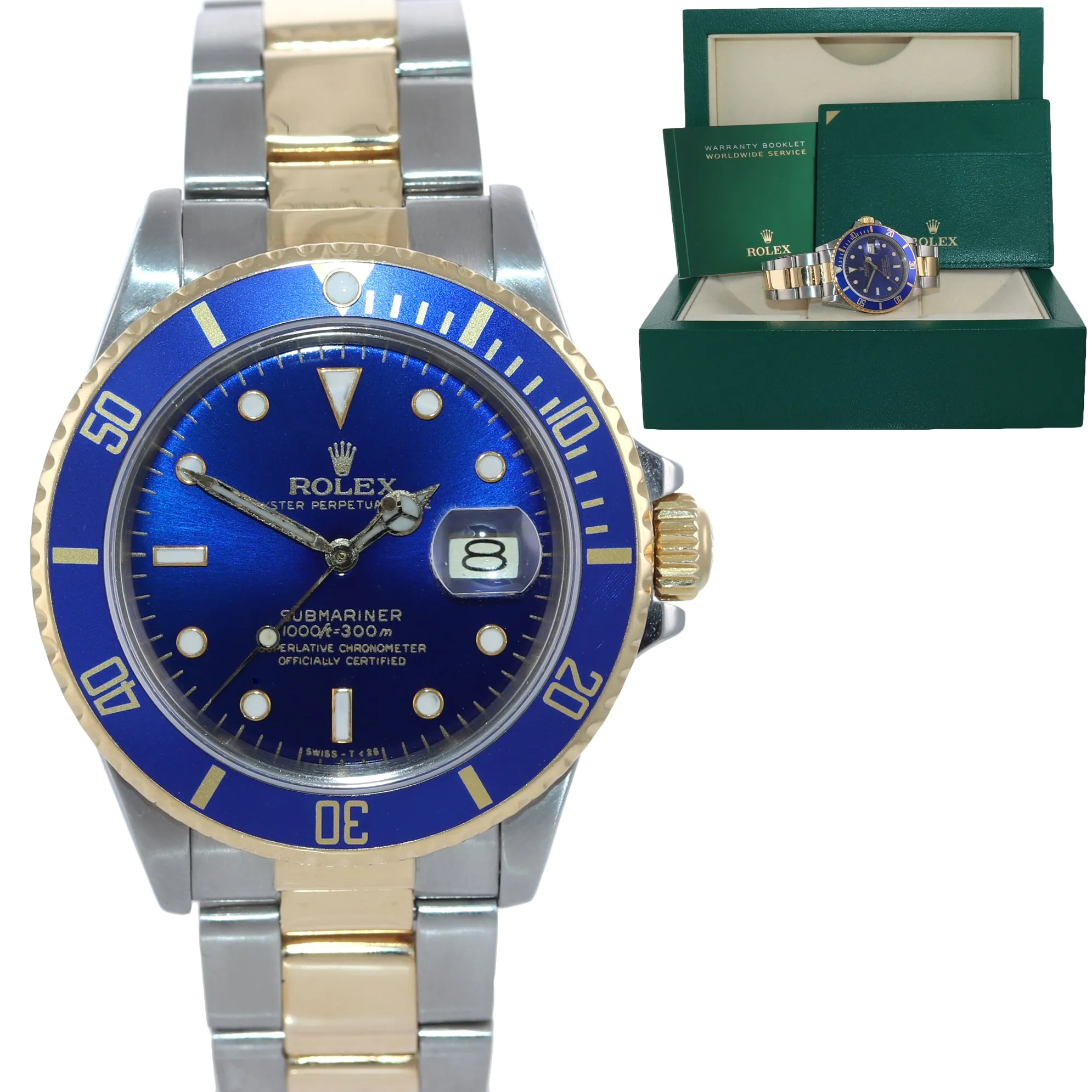 Rolex Submariner Date 16803 18K Gold Steel Two Tone Blue Watch Box