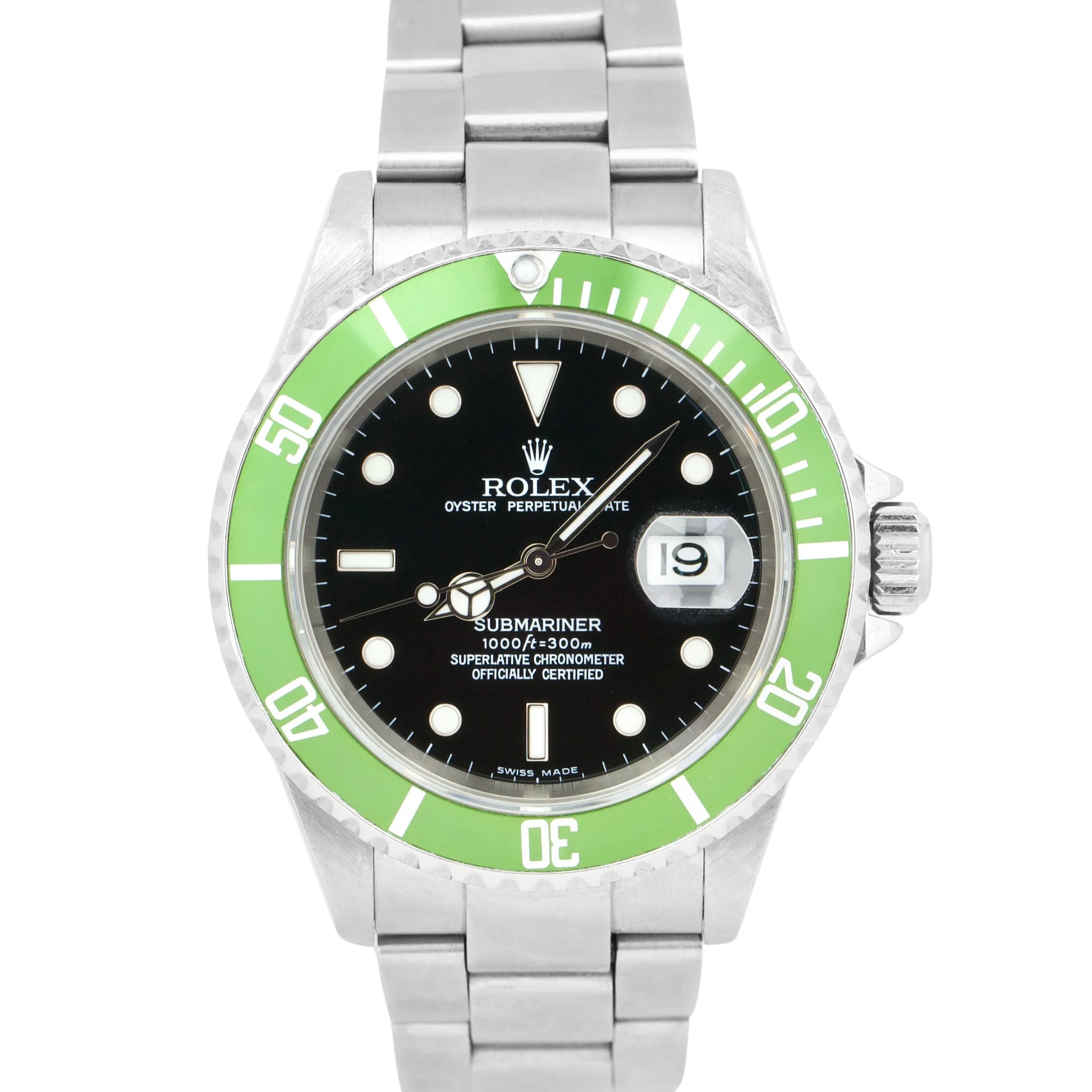 Rolex Submariner Date NO-HOLES CASE Green Black Stainless Automatic 16610 Watch
