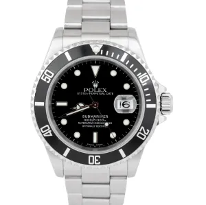 Rolex Submariner Date Stainless Steel Black NO-HOLES Automatic Watch 16610