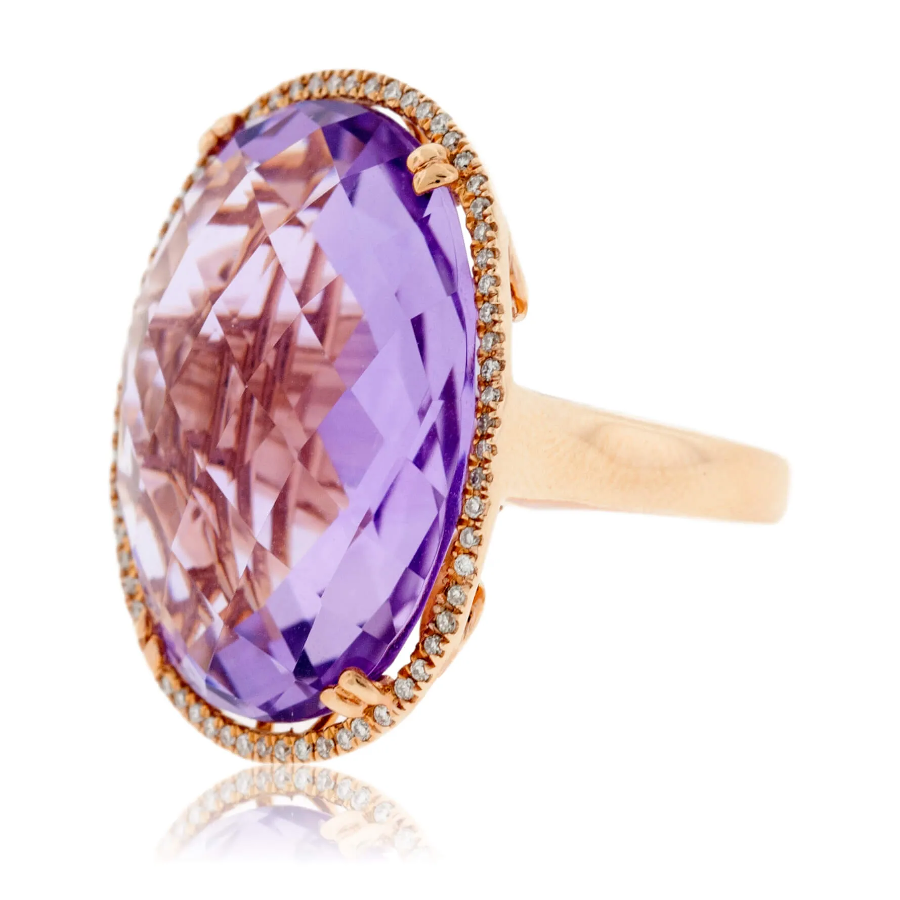 Rose Gold Oval Fancy Cut Amethyst and Diamond Ring
