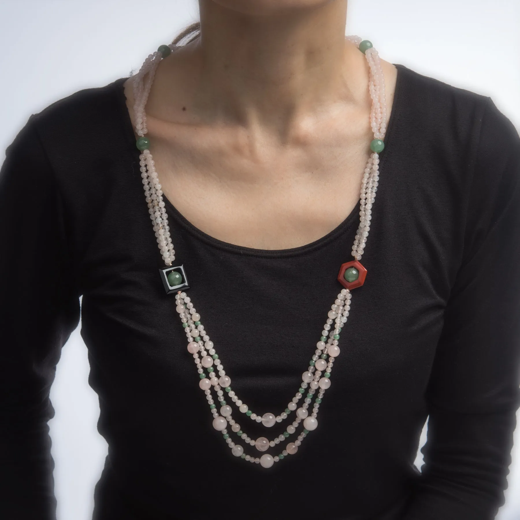 Rose Green Quartz Onyx Agate Long 32" Necklace Estate Vintage Jewelry