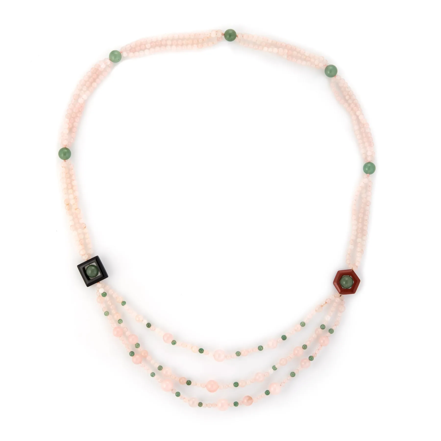 Rose Green Quartz Onyx Agate Long 32" Necklace Estate Vintage Jewelry