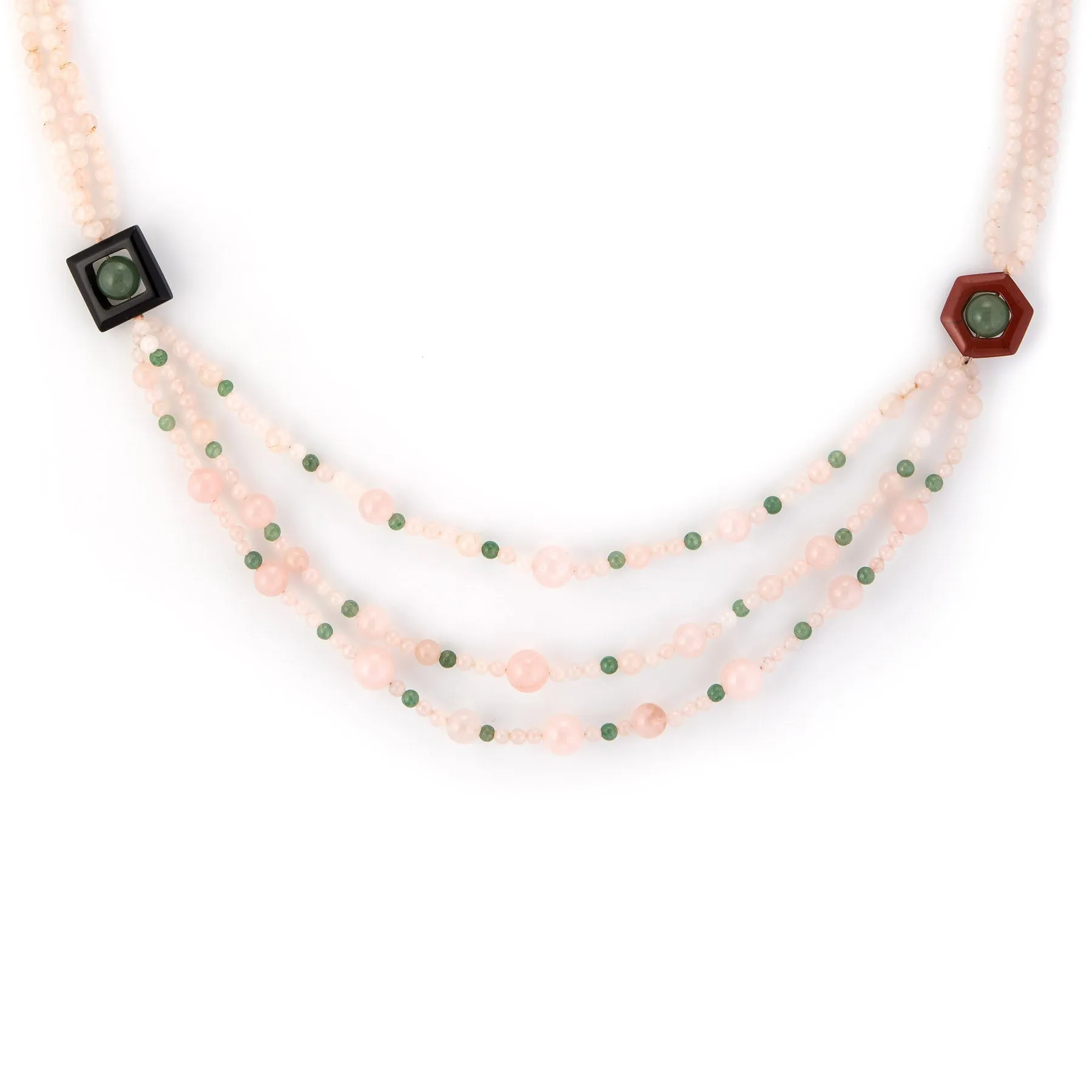 Rose Green Quartz Onyx Agate Long 32" Necklace Estate Vintage Jewelry
