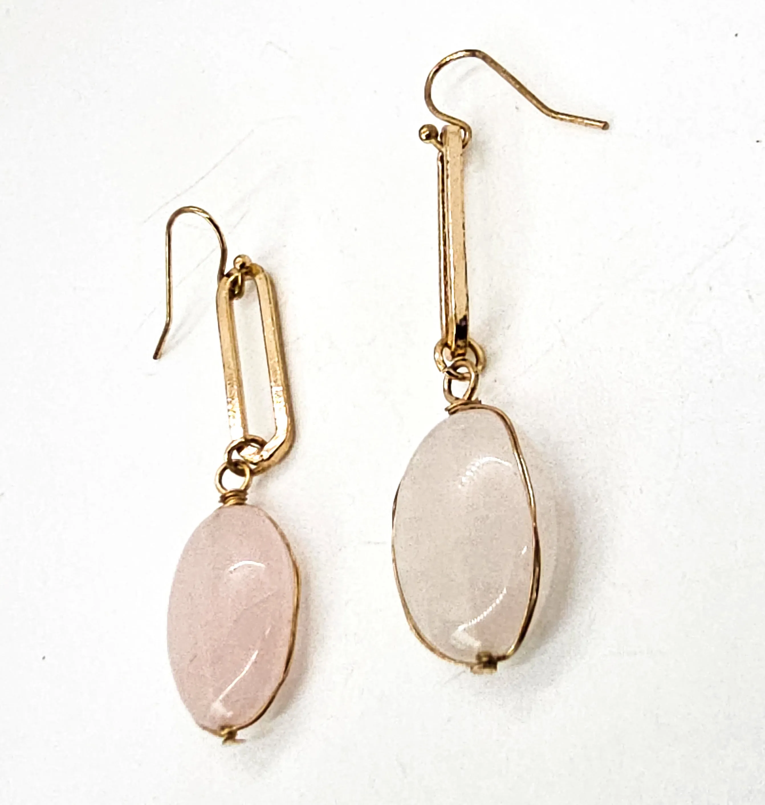 Rose quartz abstract gold overlay vintage sterling silver drop earrings