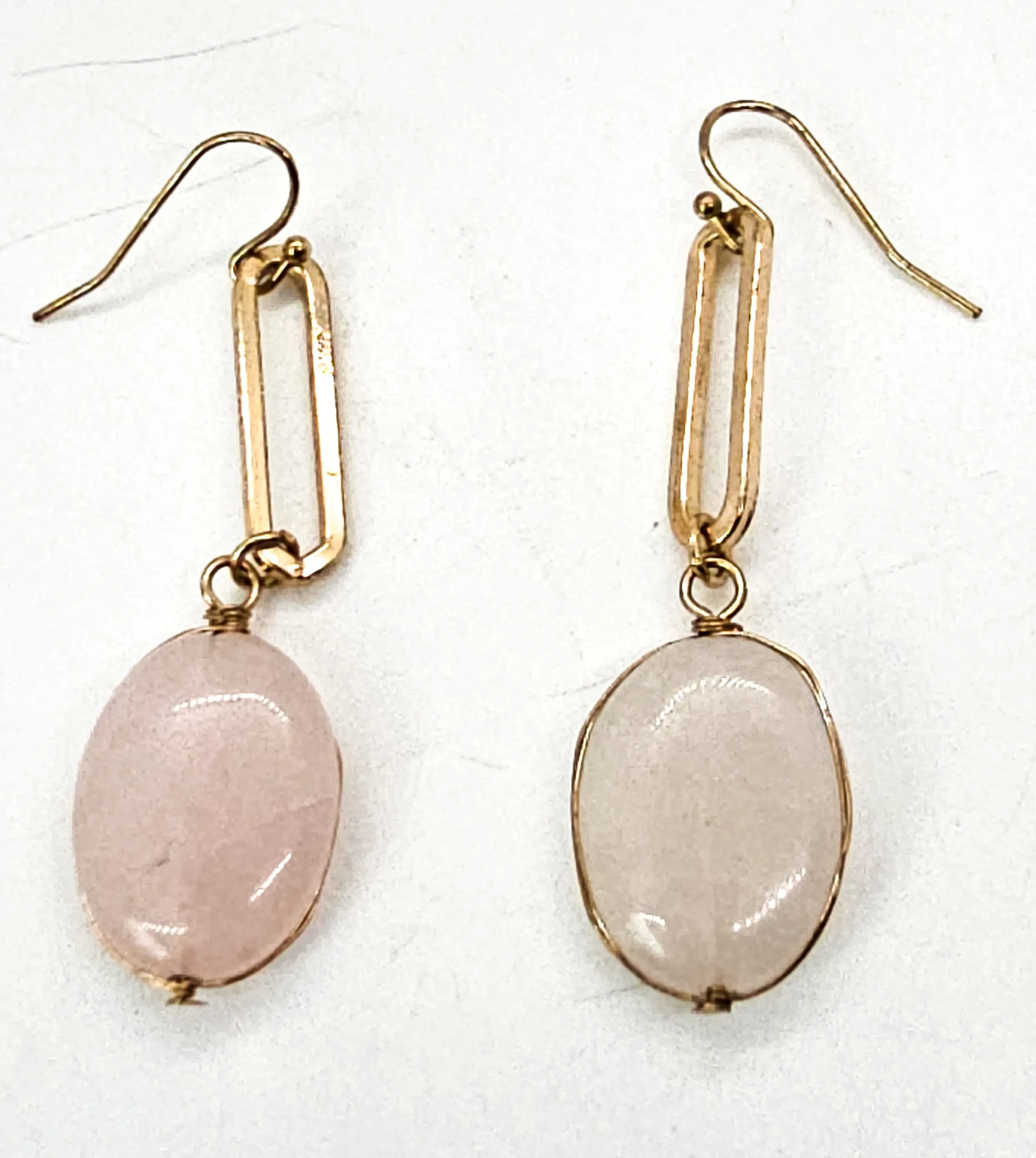 Rose quartz abstract gold overlay vintage sterling silver drop earrings