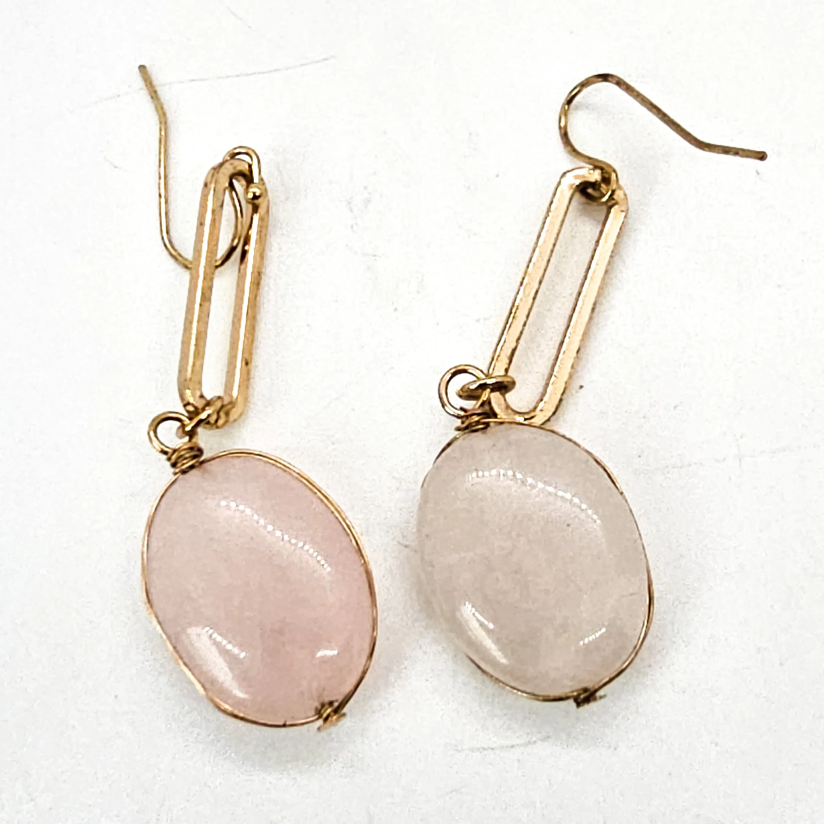 Rose quartz abstract gold overlay vintage sterling silver drop earrings