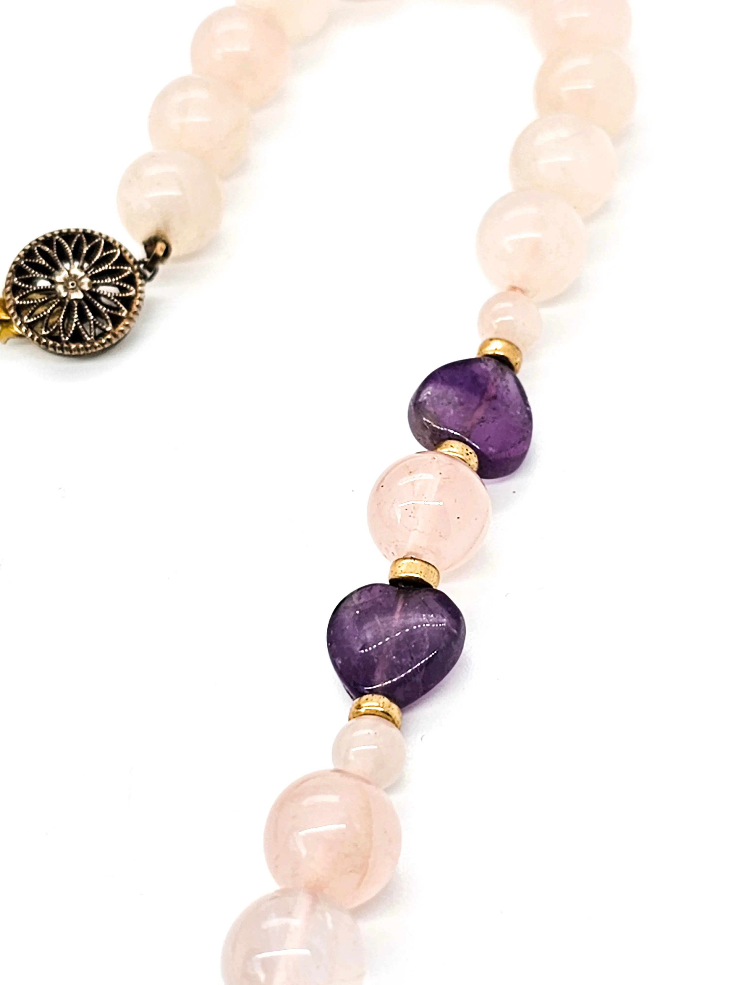 Rose Quartz and amethyst heart beaded vintage sterling silver necklace