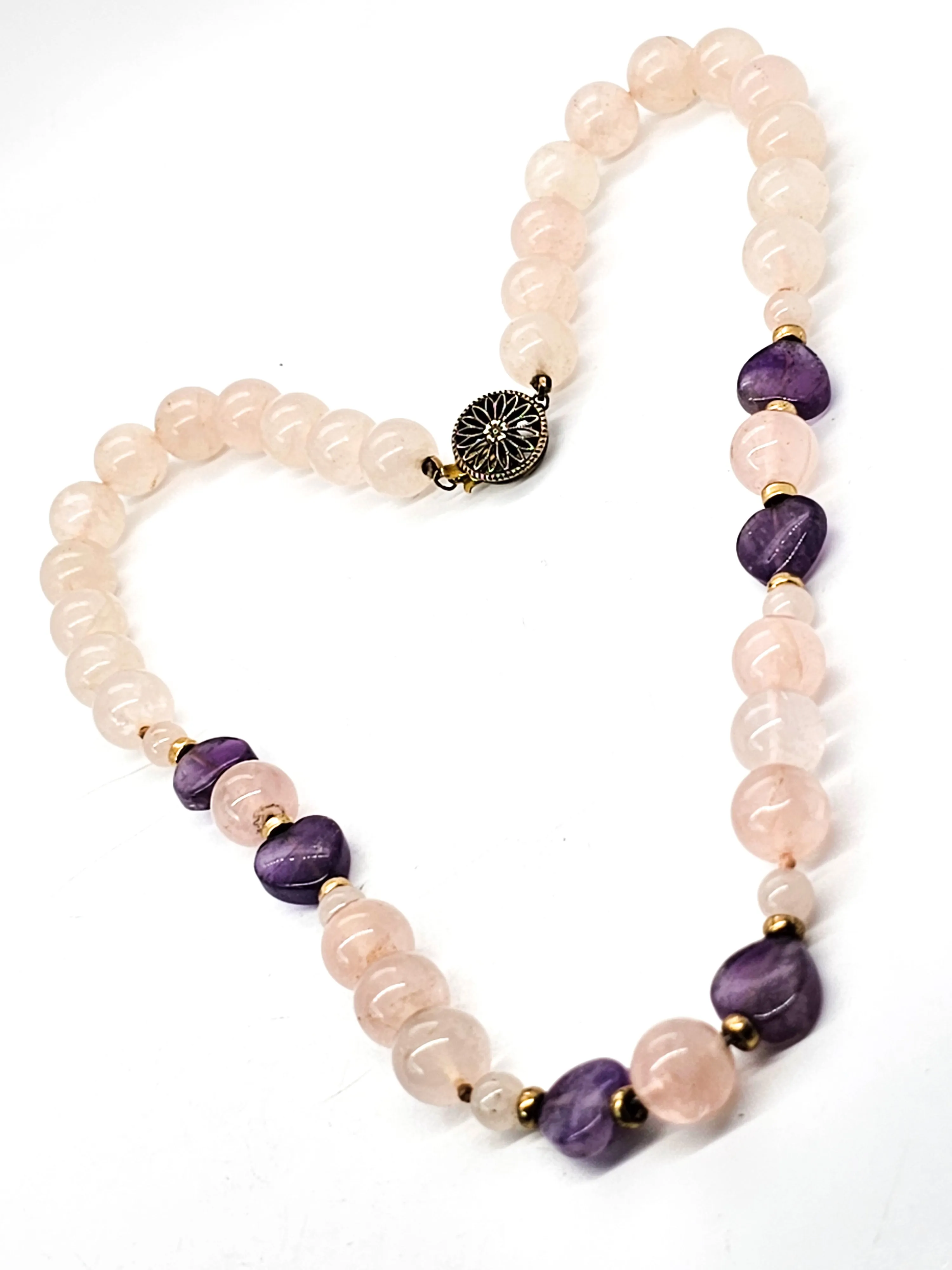 Rose Quartz and amethyst heart beaded vintage sterling silver necklace