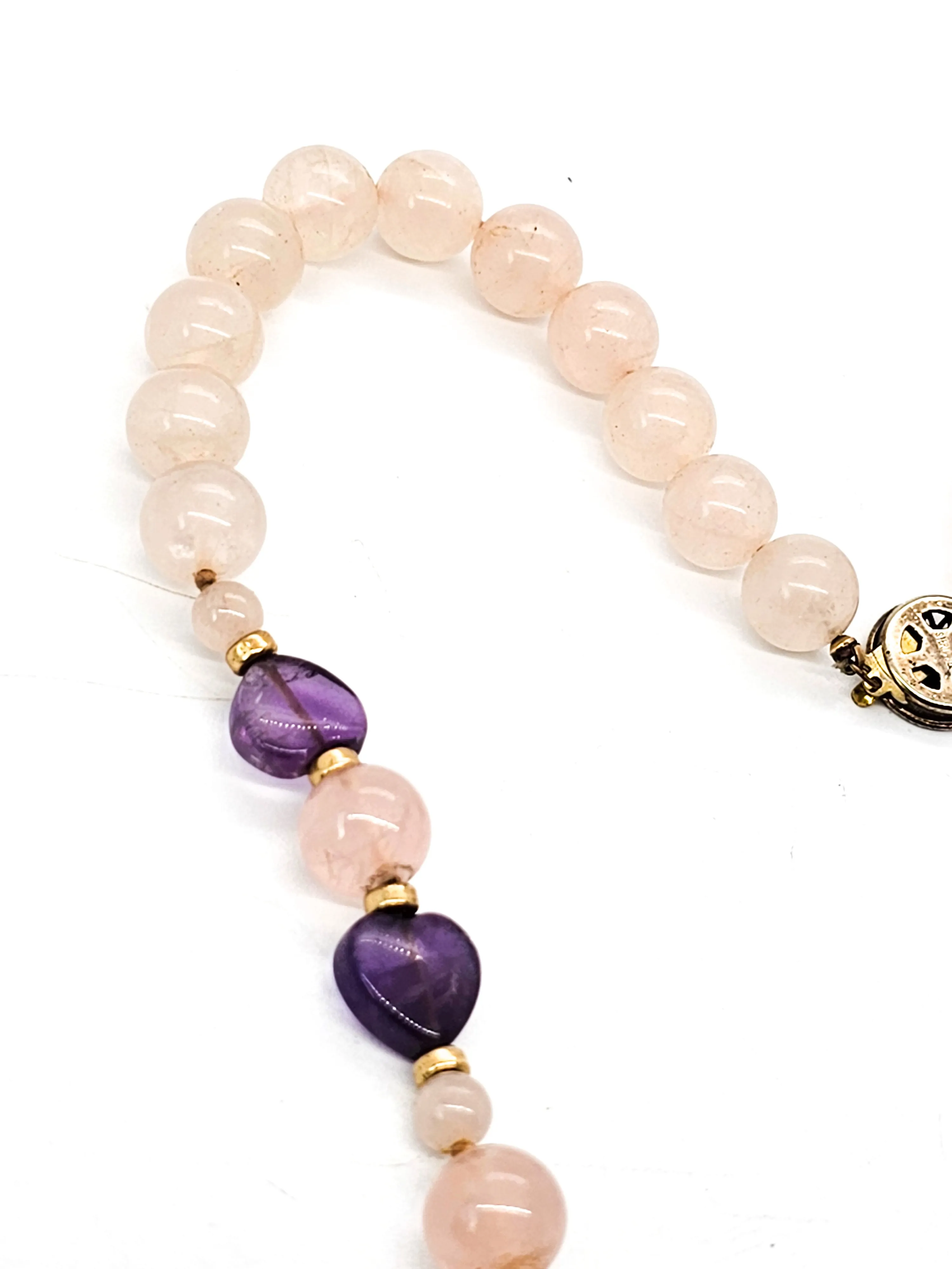 Rose Quartz and amethyst heart beaded vintage sterling silver necklace