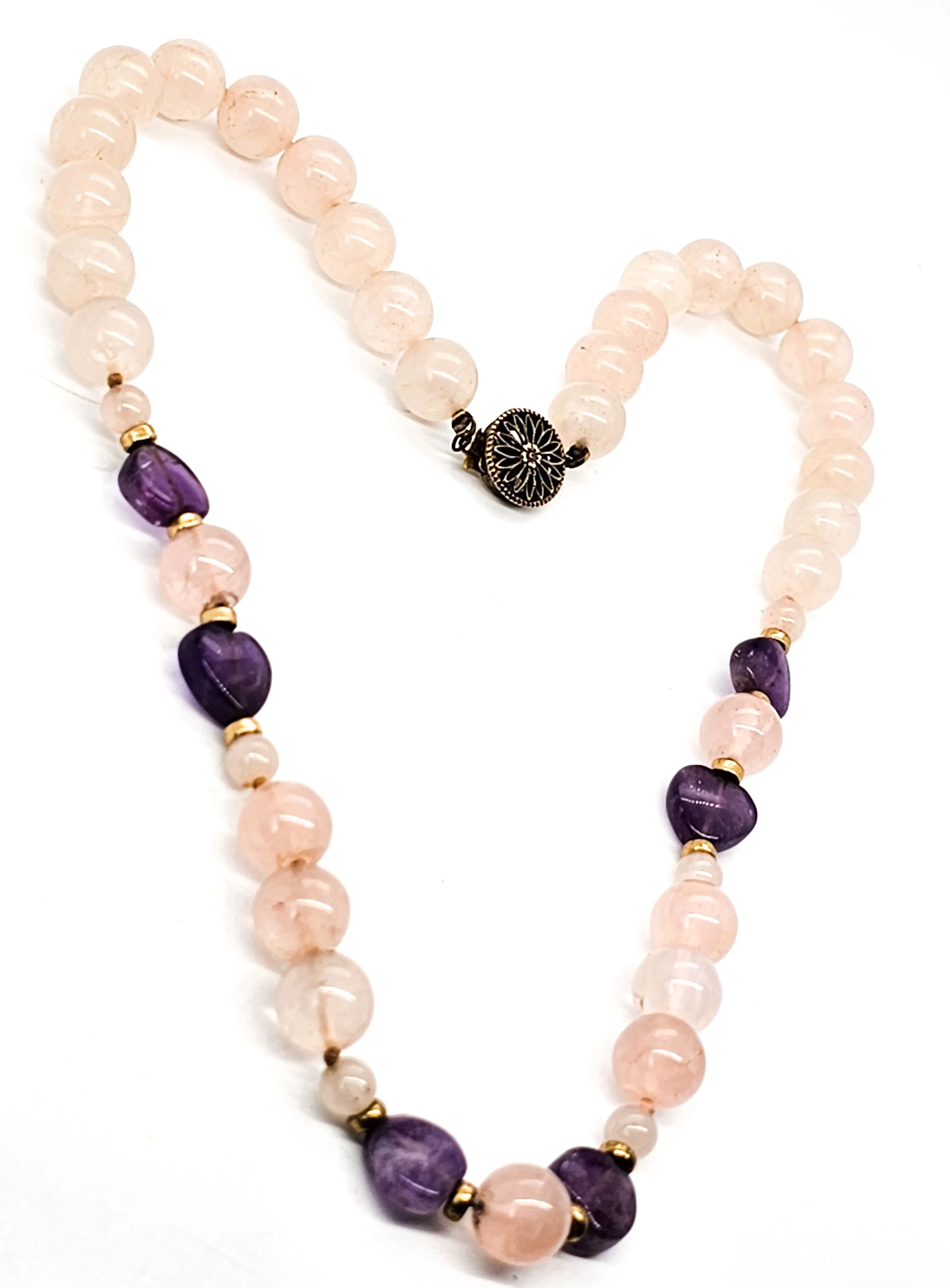 Rose Quartz and amethyst heart beaded vintage sterling silver necklace