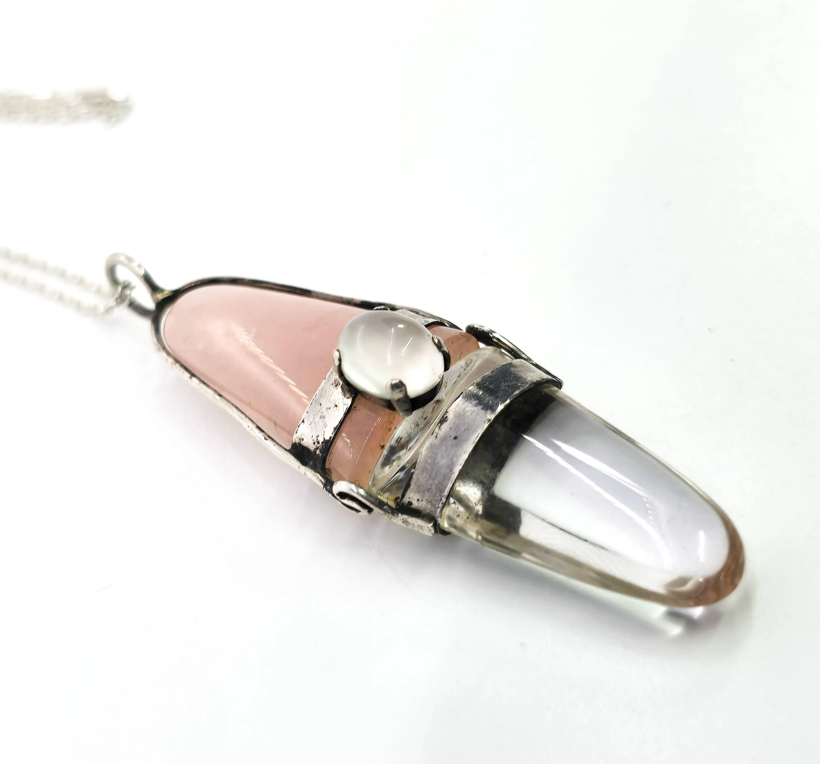 Rose Quartz and Clear quartz tongue double sided gemstone sterling silver necklace