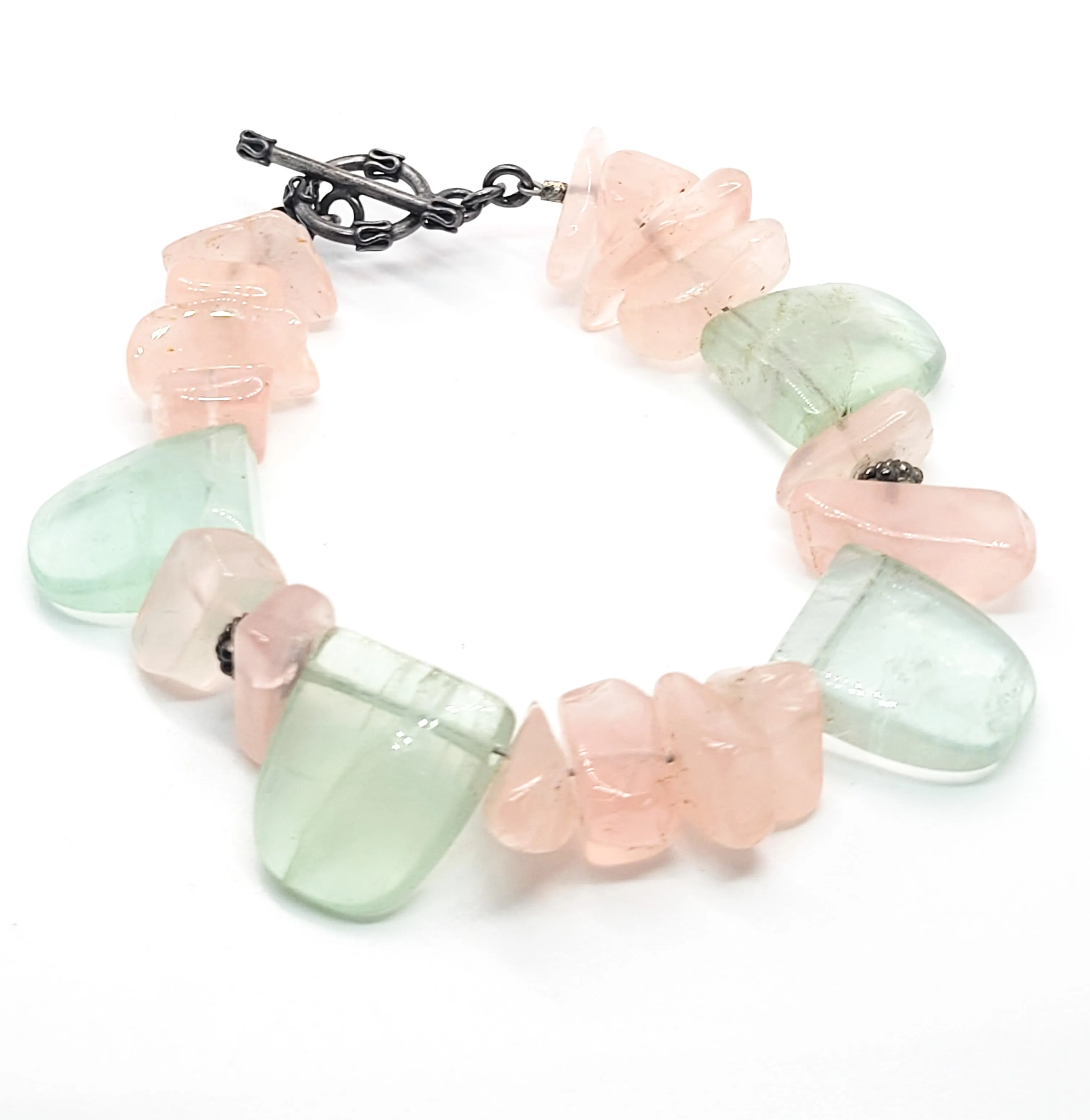 Rose Quartz and green blue fluorite sterling silver Tribal Balinese bracelet