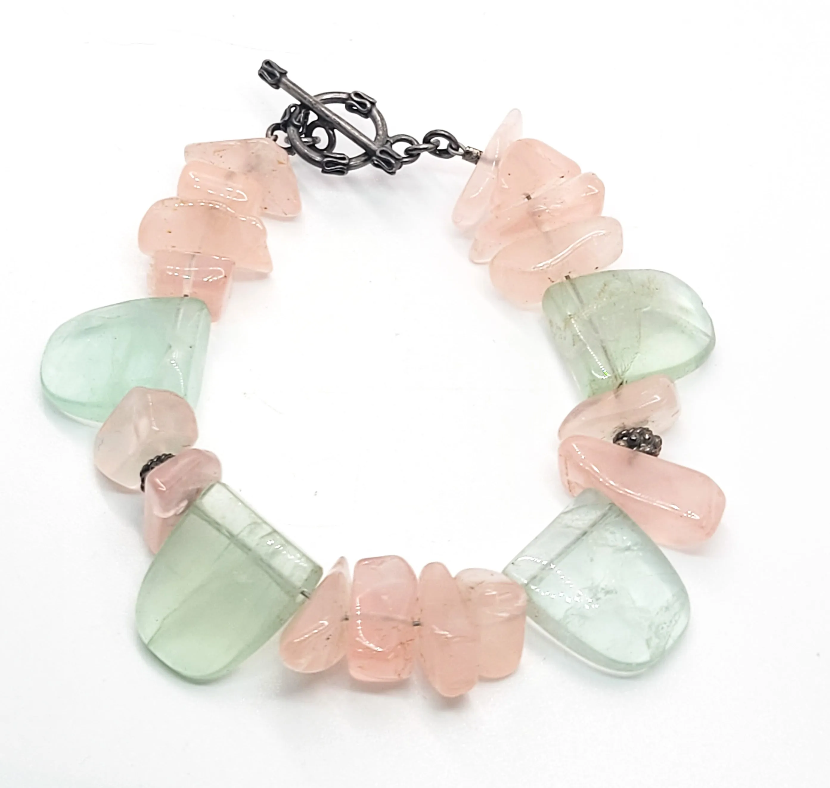 Rose Quartz and green blue fluorite sterling silver Tribal Balinese bracelet