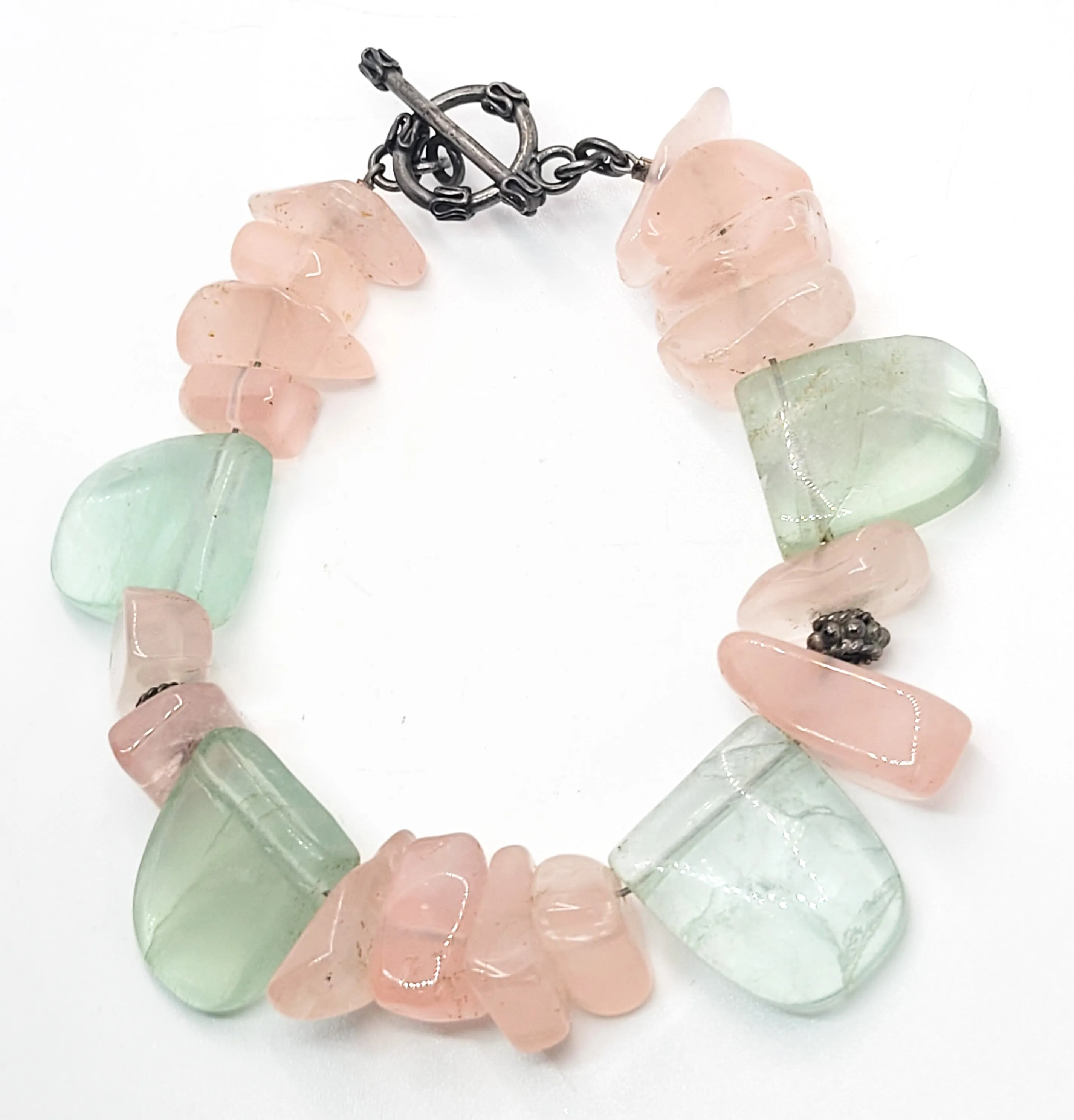 Rose Quartz and green blue fluorite sterling silver Tribal Balinese bracelet