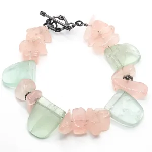 Rose Quartz and green blue fluorite sterling silver Tribal Balinese bracelet