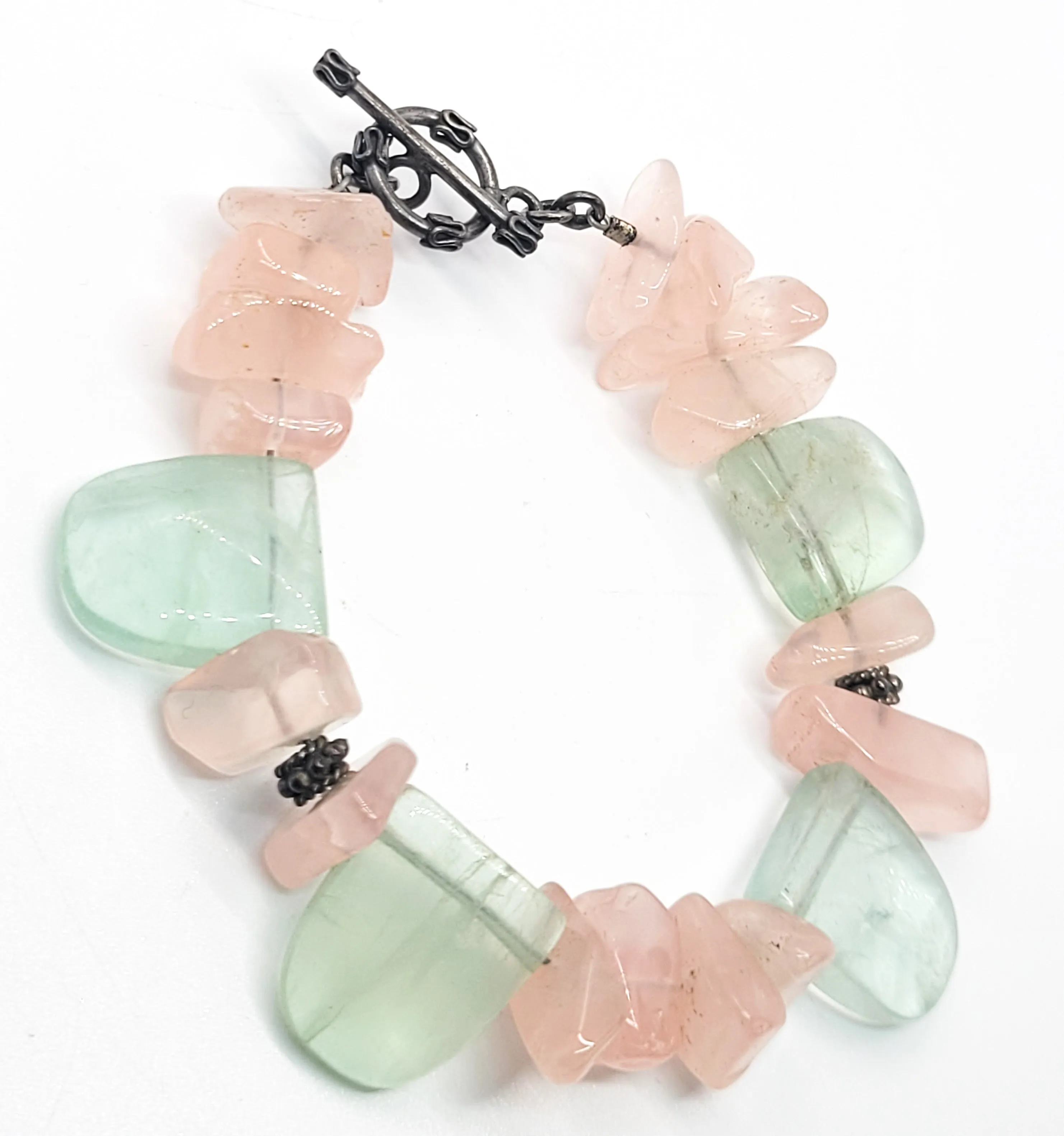 Rose Quartz and green blue fluorite sterling silver Tribal Balinese bracelet
