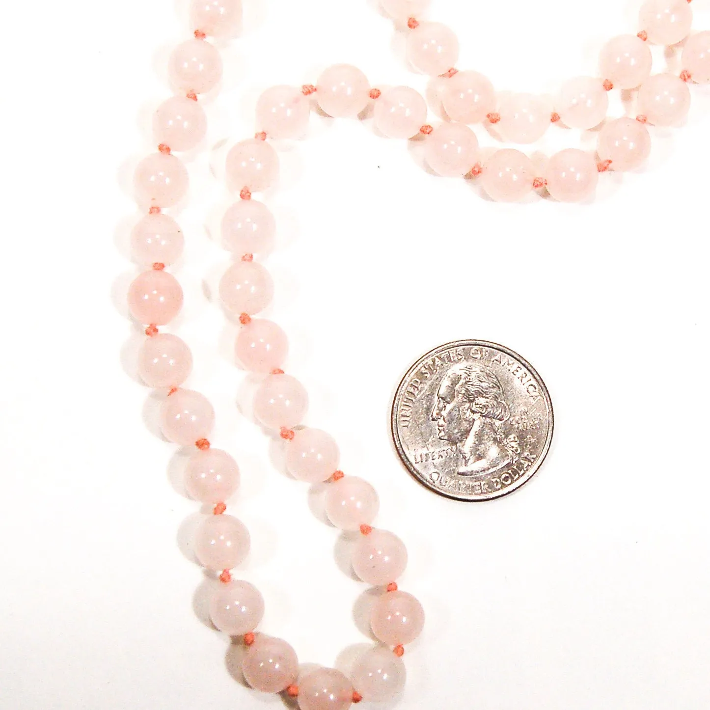 Rose Quartz Beaded Necklace, Polished, Hand Knotted, Strung on Silk, Infinity Strand