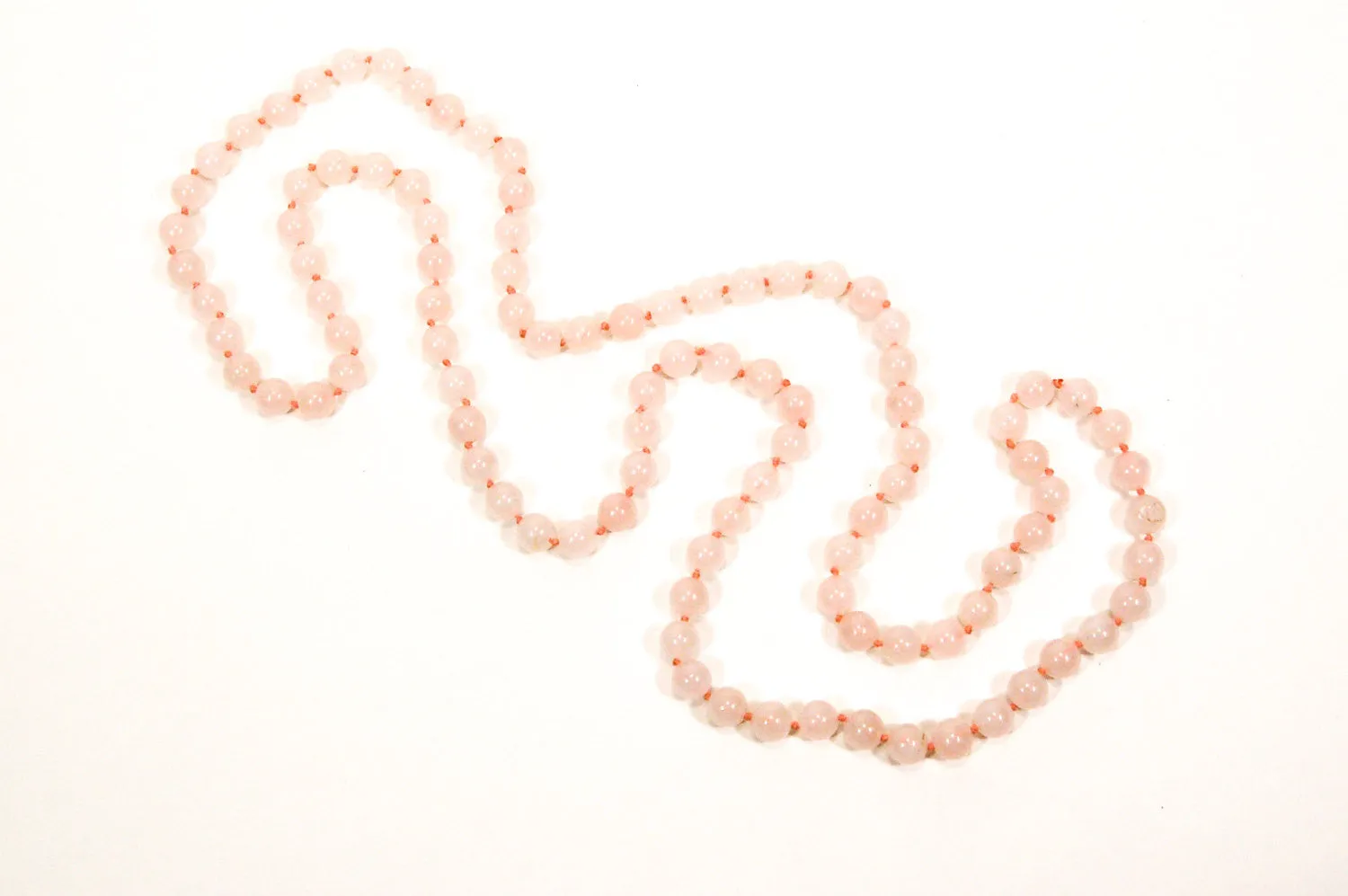 Rose Quartz Beaded Necklace, Polished, Hand Knotted, Strung on Silk, Infinity Strand
