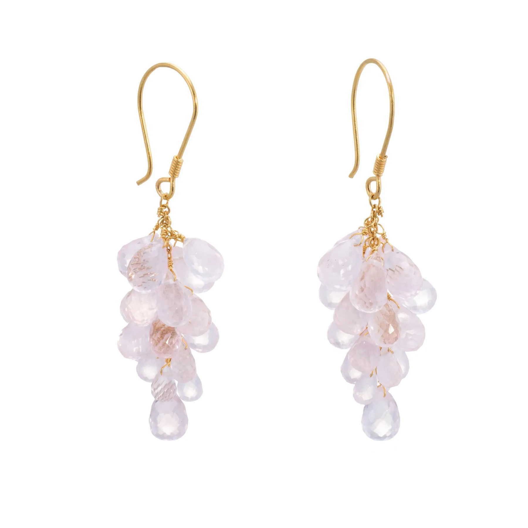 Rose Quartz Briolette Drop Earrings Estate 18k Yellow Gold Vintage Fine Jewelry
