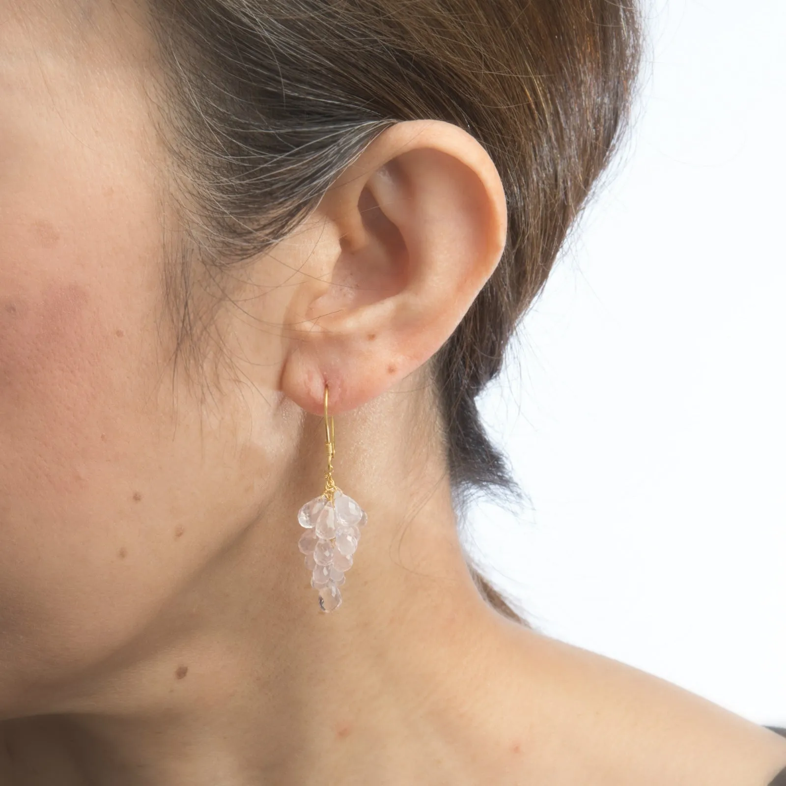 Rose Quartz Briolette Drop Earrings Estate 18k Yellow Gold Vintage Fine Jewelry