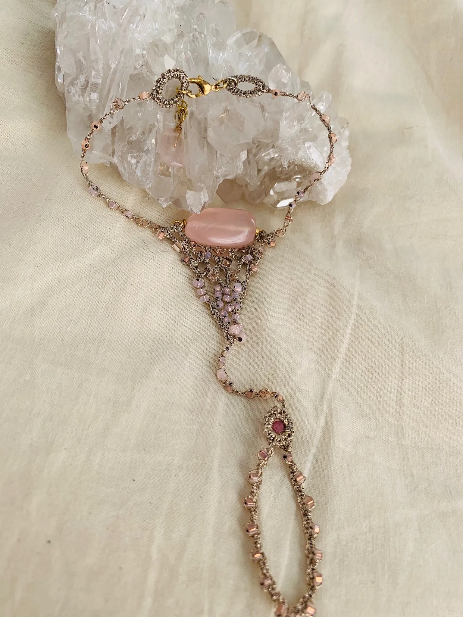 Rose Quartz Cuff Bracelet with Ruby