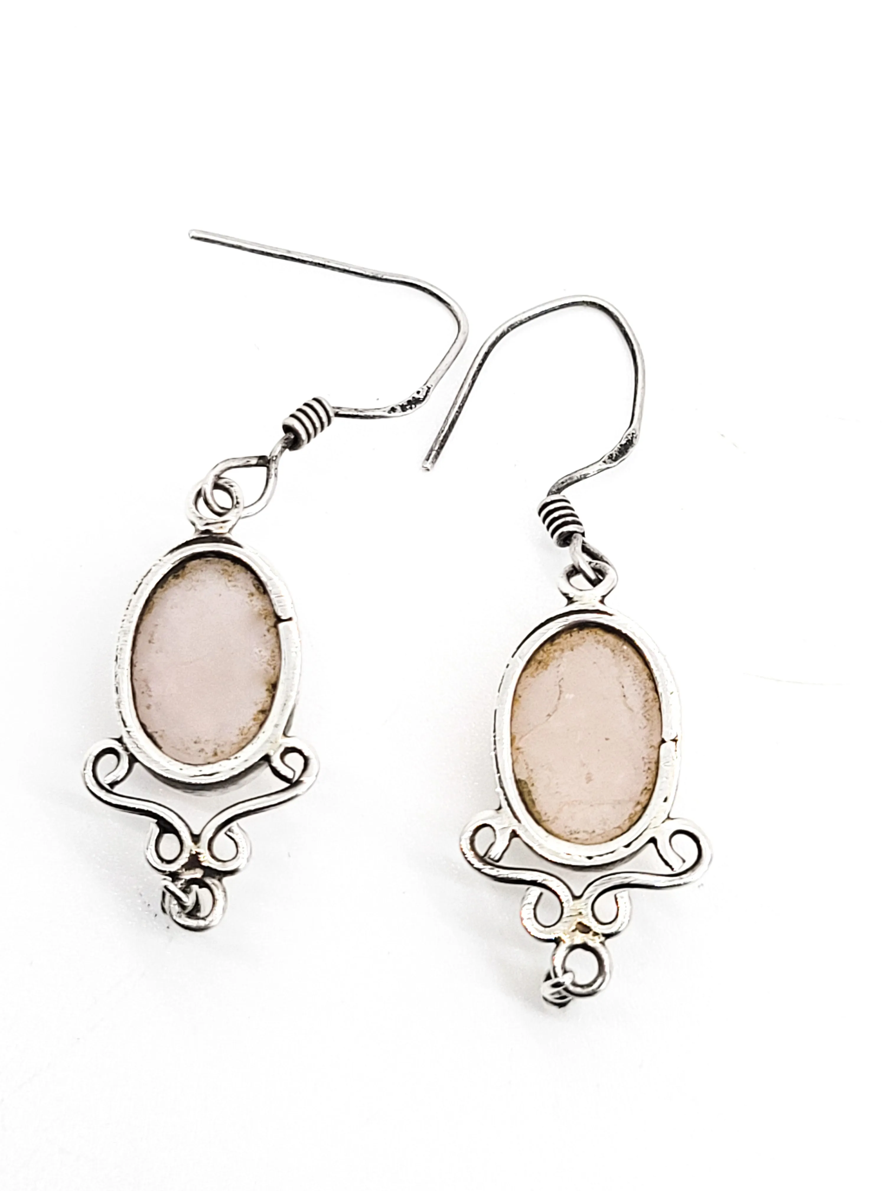 Rose Quartz pink gemstone large vintage sterling silver bohemian drop earrings