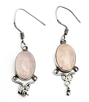 Rose Quartz pink gemstone large vintage sterling silver bohemian drop earrings