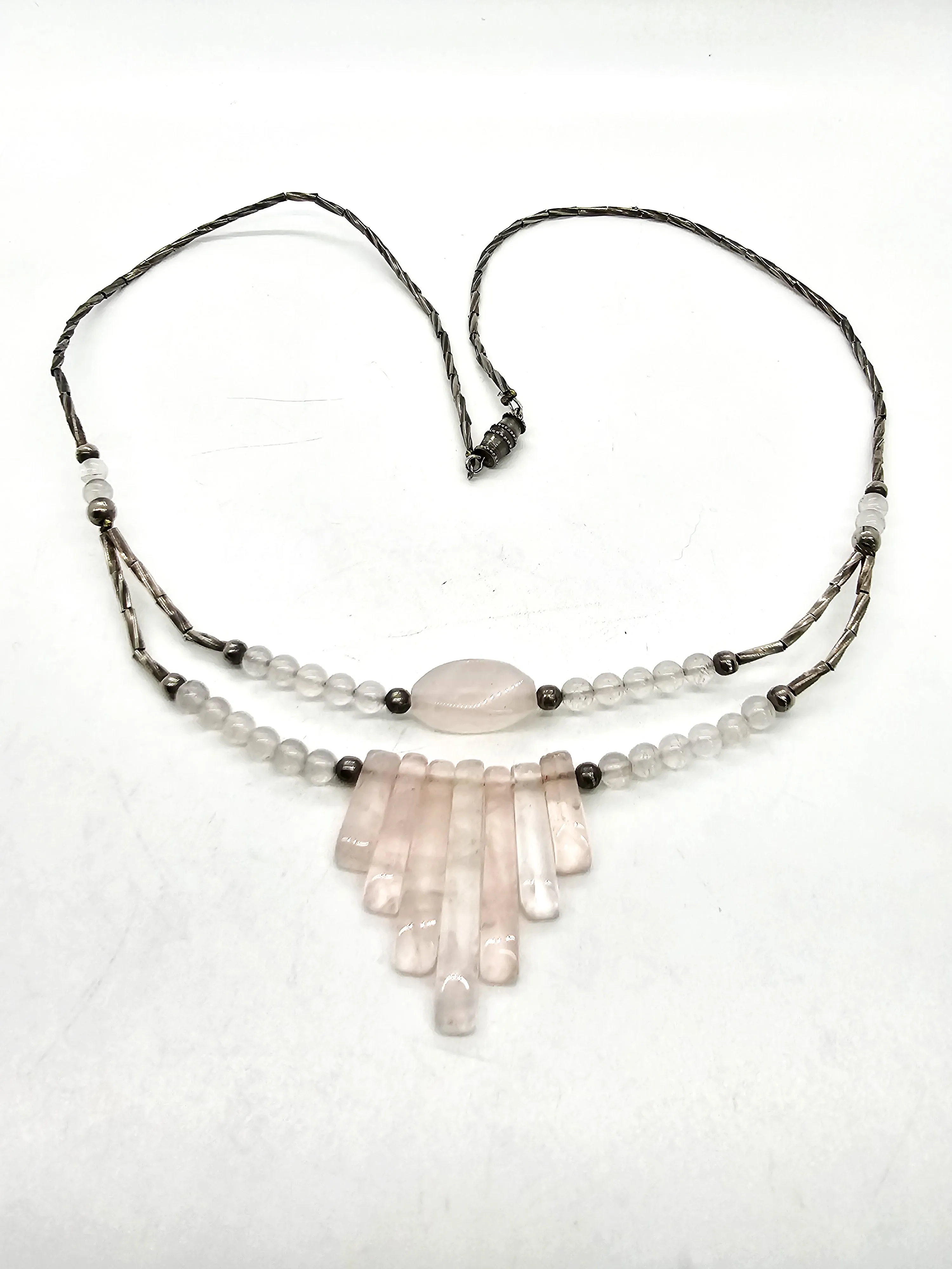 Rose Quartz pink gemstone silver toned layered retro vintage necklace