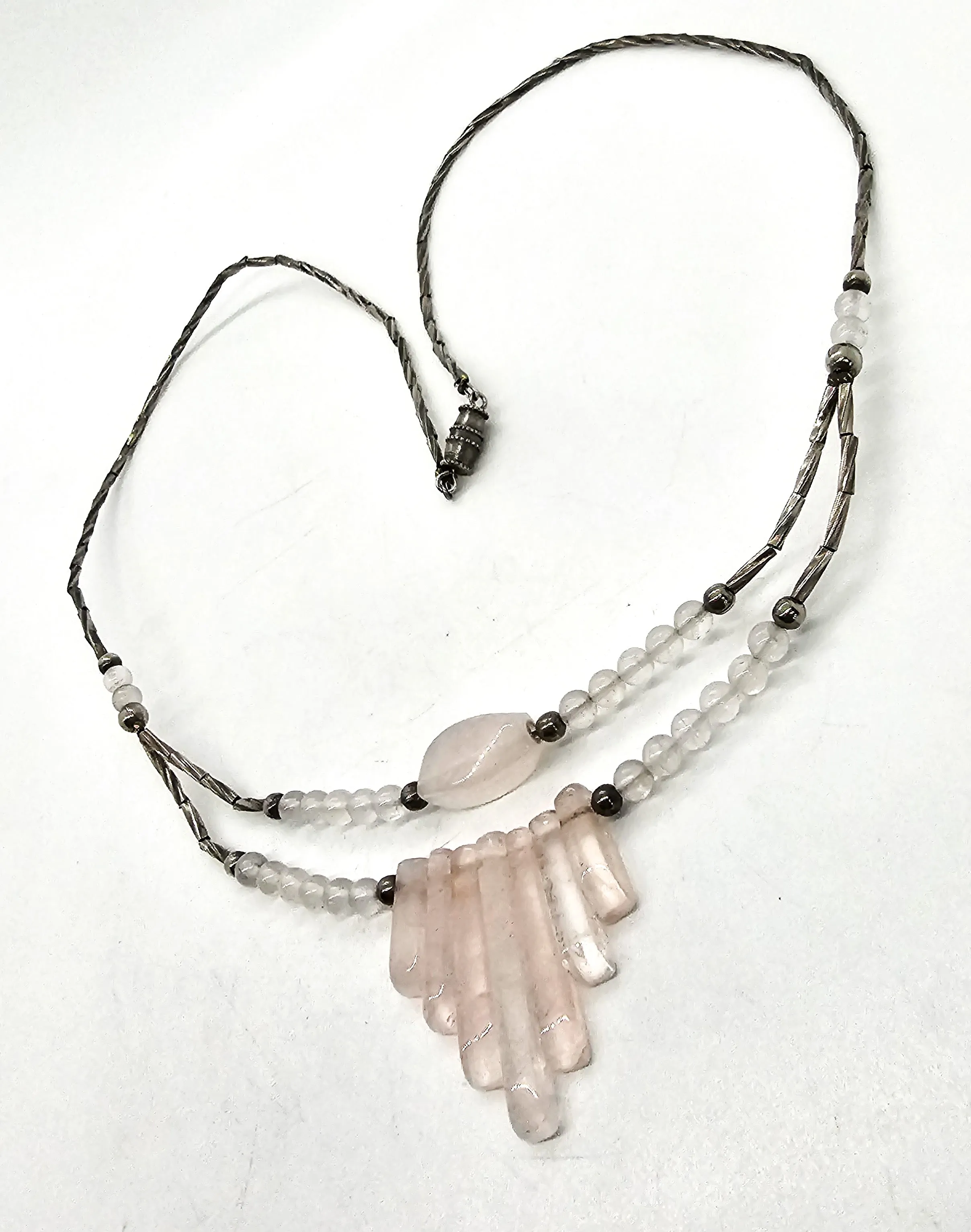 Rose Quartz pink gemstone silver toned layered retro vintage necklace