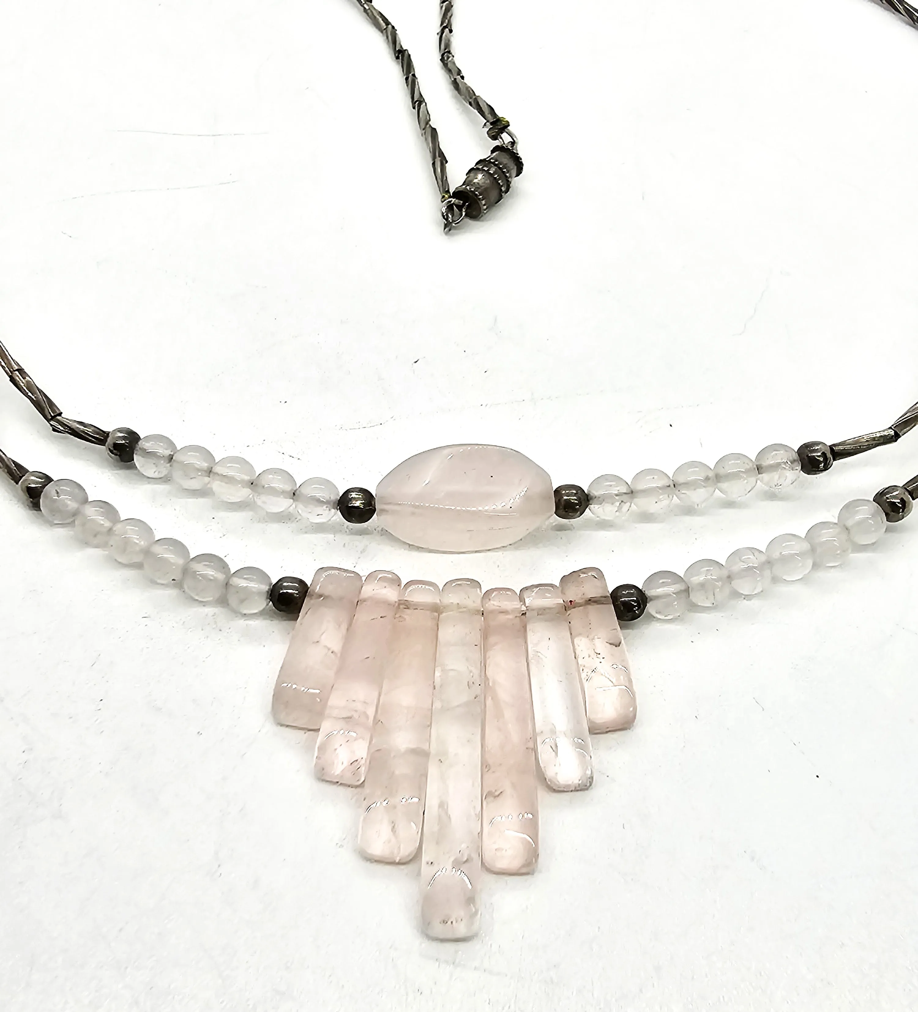 Rose Quartz pink gemstone silver toned layered retro vintage necklace