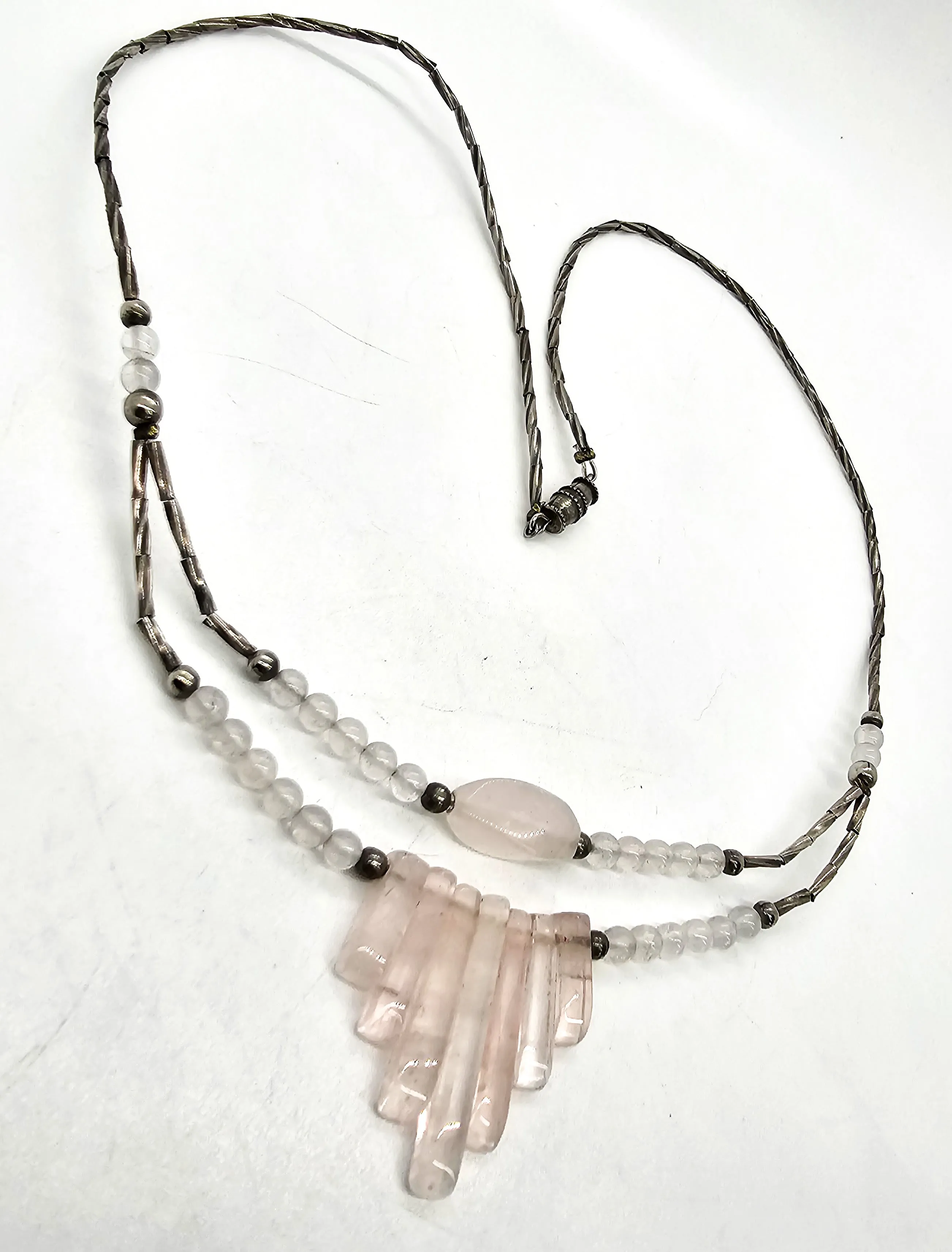 Rose Quartz pink gemstone silver toned layered retro vintage necklace