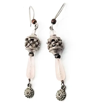 Rose Quartz sterling silver cantinelle tribal drop vintage gemstone earrings