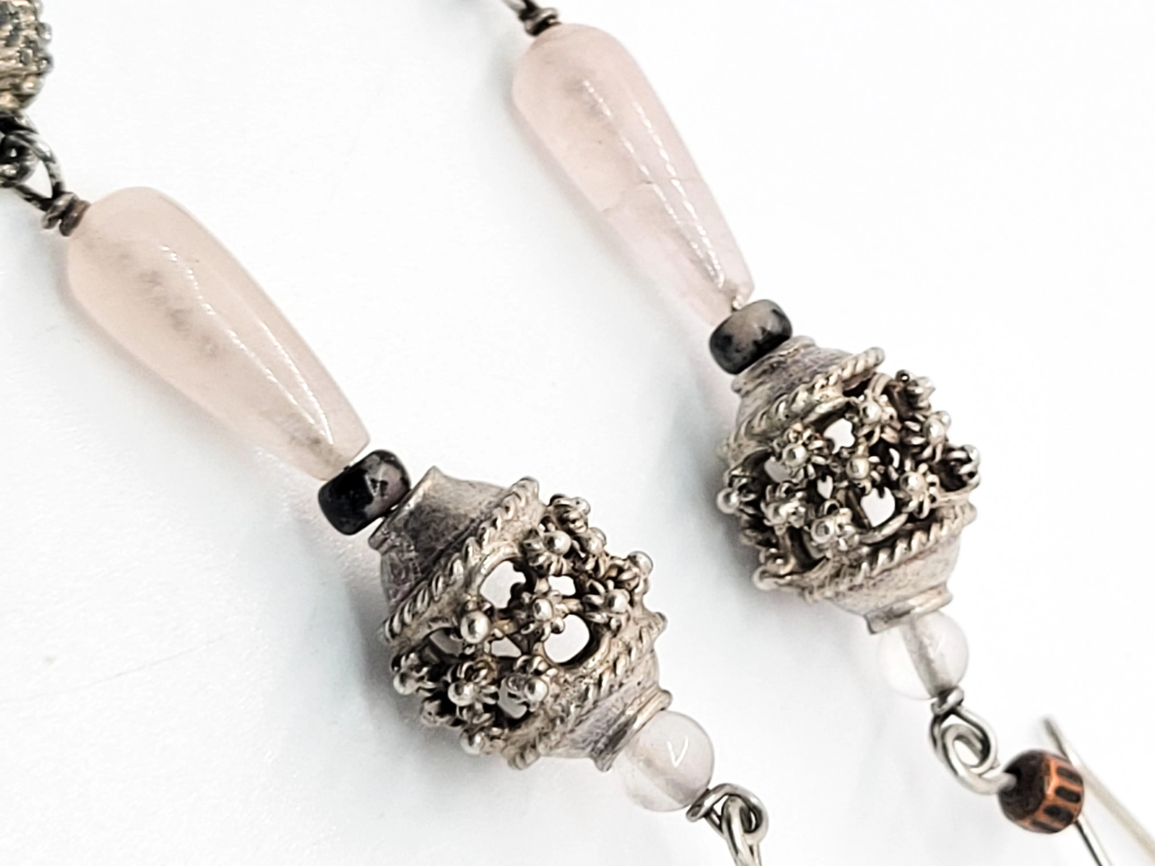 Rose Quartz sterling silver cantinelle tribal drop vintage gemstone earrings