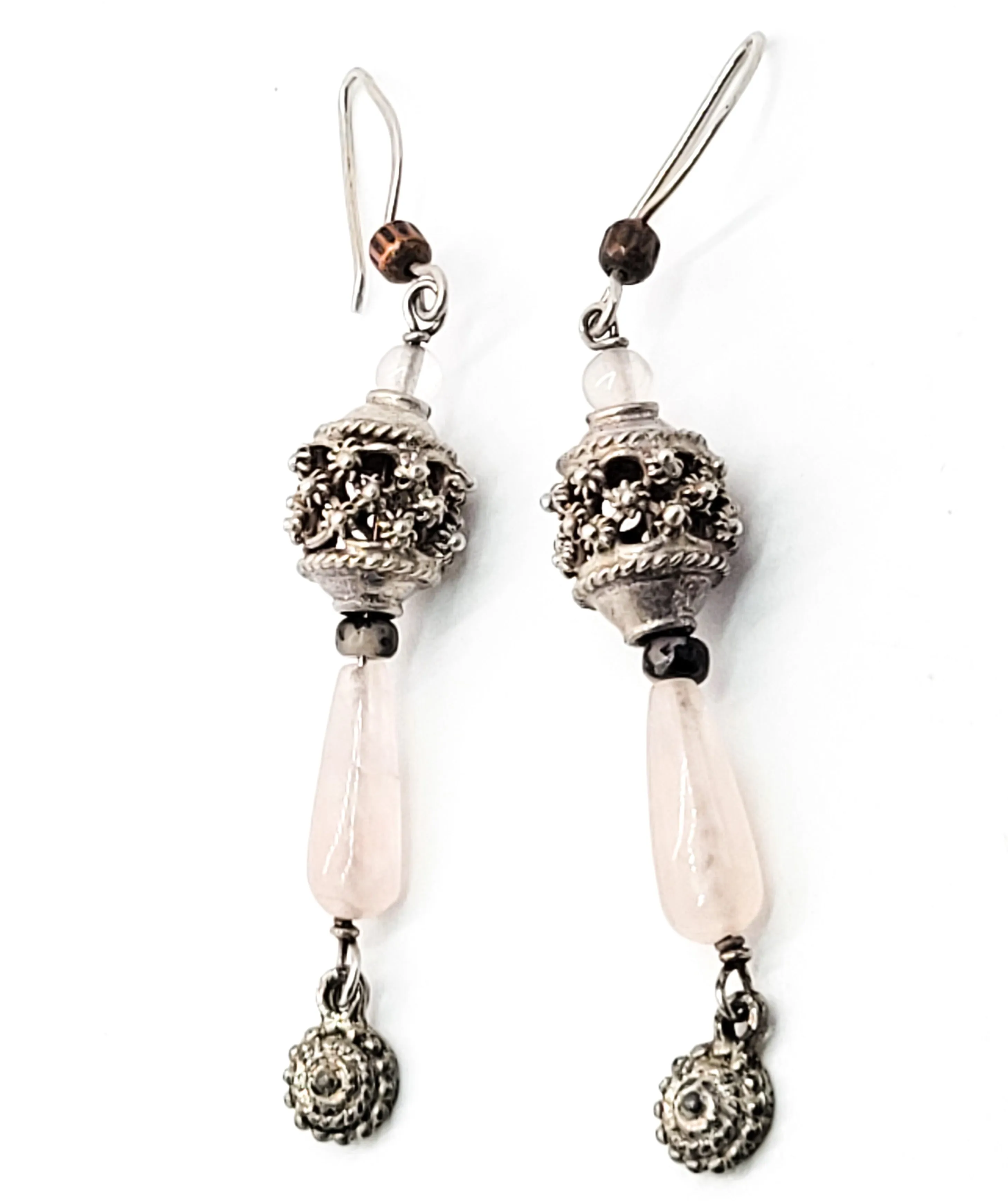 Rose Quartz sterling silver cantinelle tribal drop vintage gemstone earrings