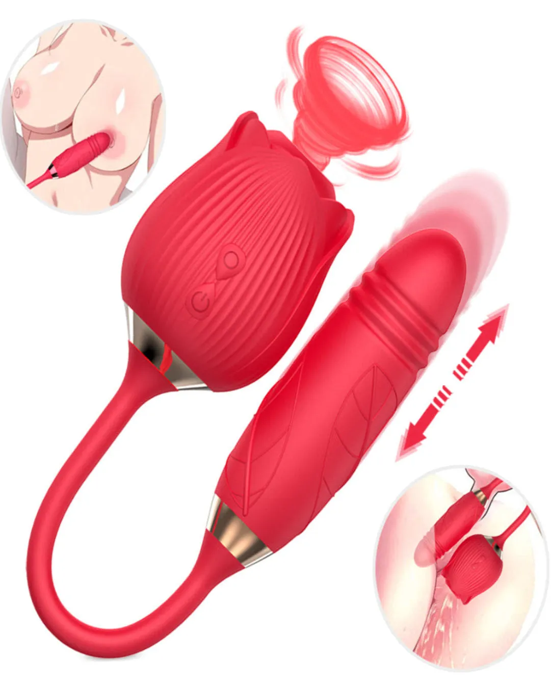 Rose Thrusting Clitoral Suction 2 In 1 Silicone Red Rechargeable Sex Toy by Scandals