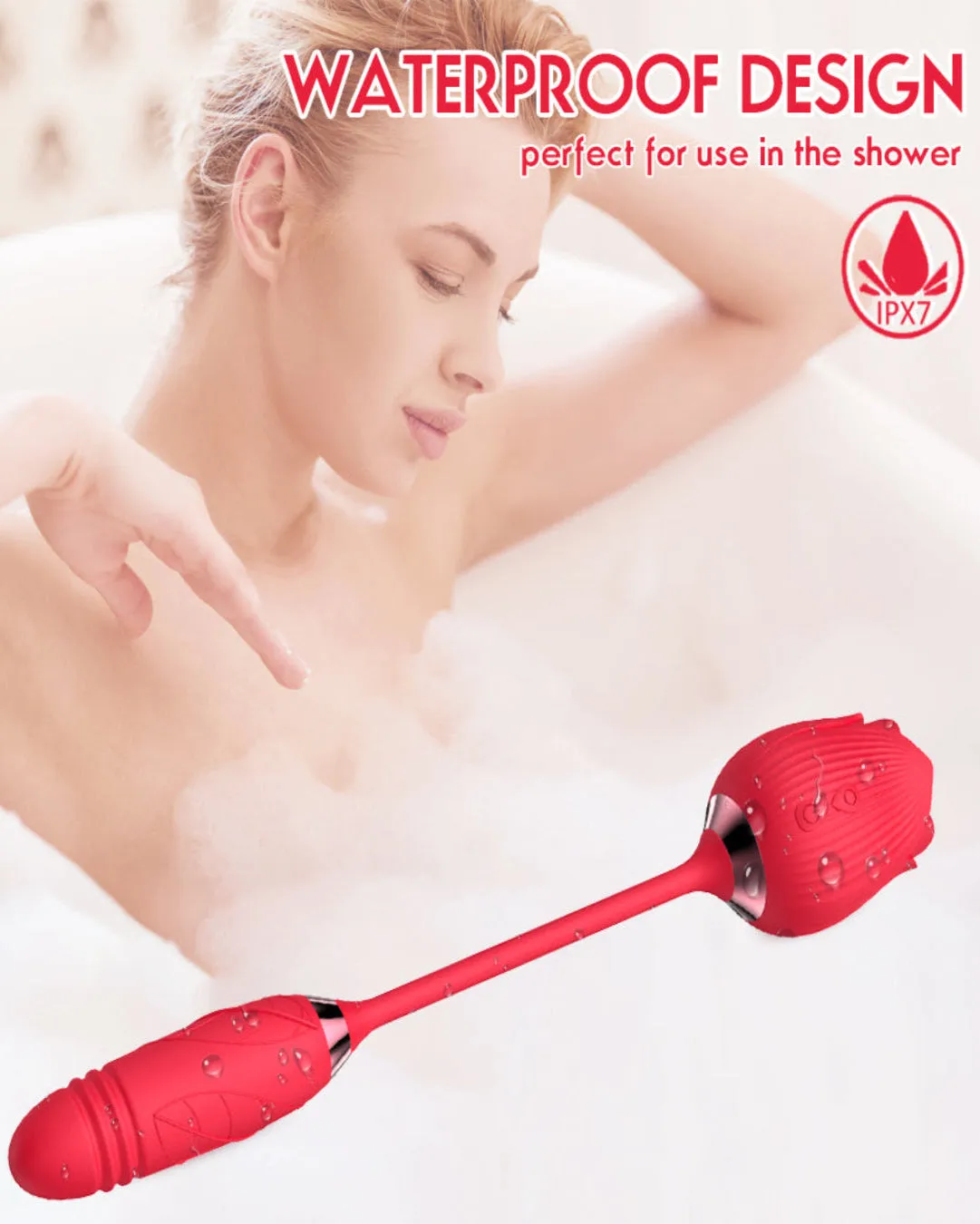 Rose Thrusting Clitoral Suction 2 In 1 Silicone Red Rechargeable Sex Toy by Scandals