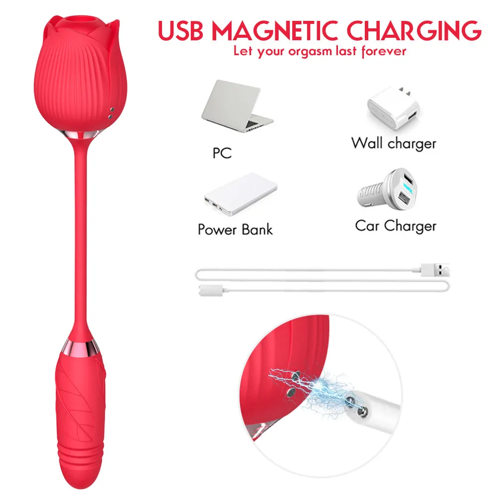 Rose Thrusting Clitoral Suction 2 In 1 Silicone Red Rechargeable Sex Toy by Scandals