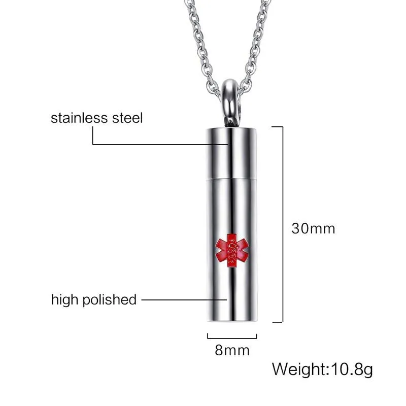 Rotate to Open Cylinder Stainless Steel Pendant Necklace with Medical Alert ID & Engrave Name Option, Unisex Jewelry Gift