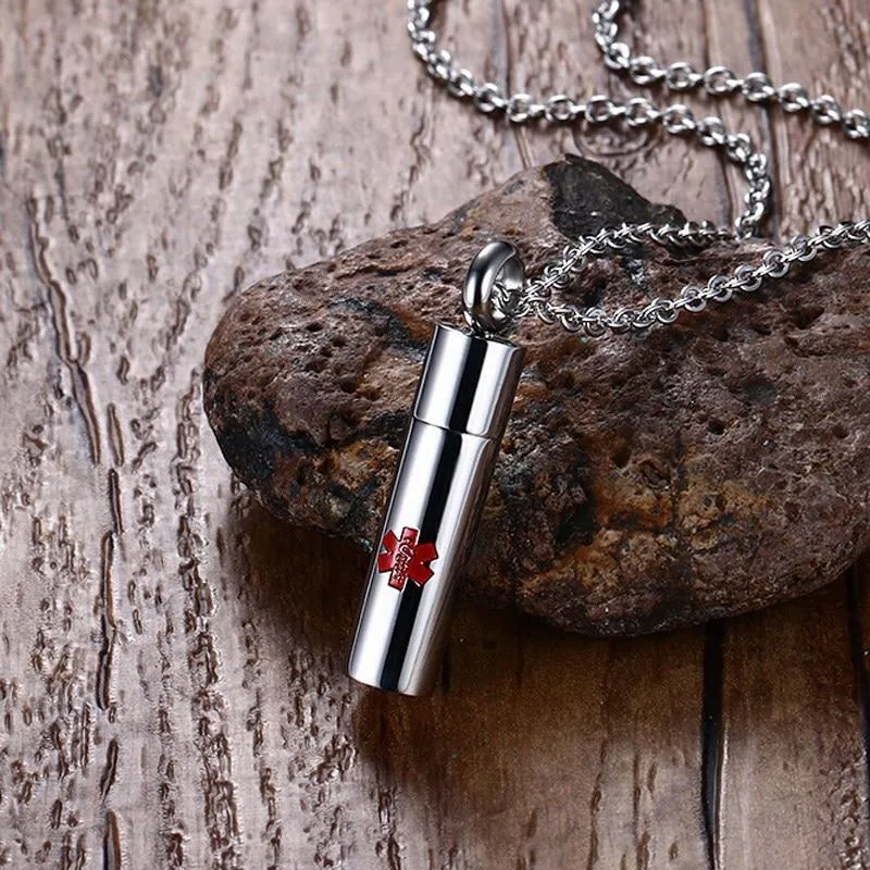 Rotate to Open Cylinder Stainless Steel Pendant Necklace with Medical Alert ID & Engrave Name Option, Unisex Jewelry Gift