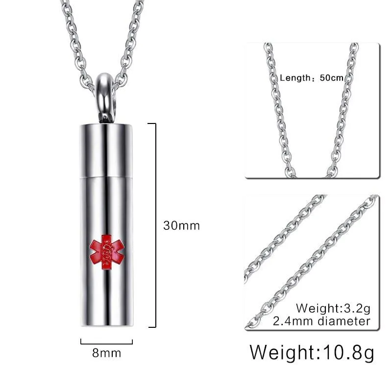 Rotate to Open Cylinder Stainless Steel Pendant Necklace with Medical Alert ID & Engrave Name Option, Unisex Jewelry Gift
