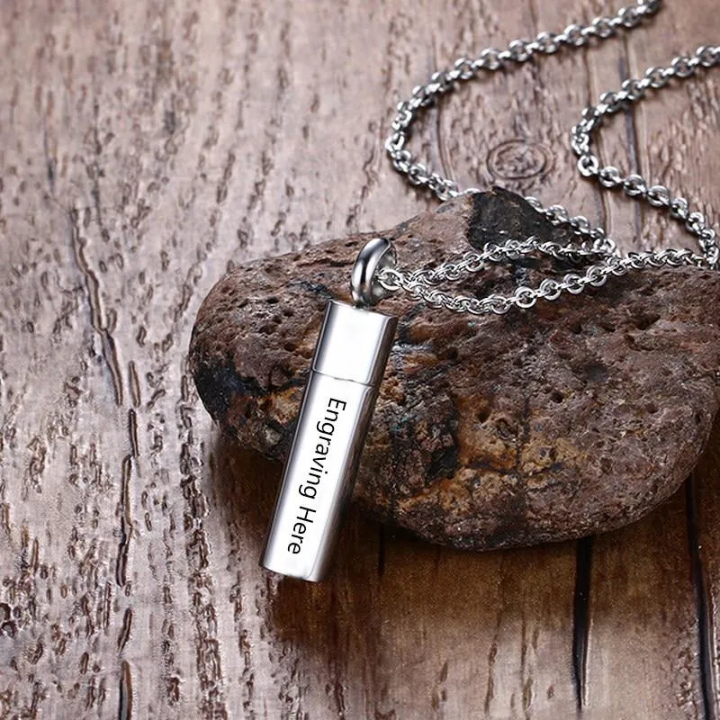 Rotate to Open Cylinder Stainless Steel Pendant Necklace with Medical Alert ID & Engrave Name Option, Unisex Jewelry Gift
