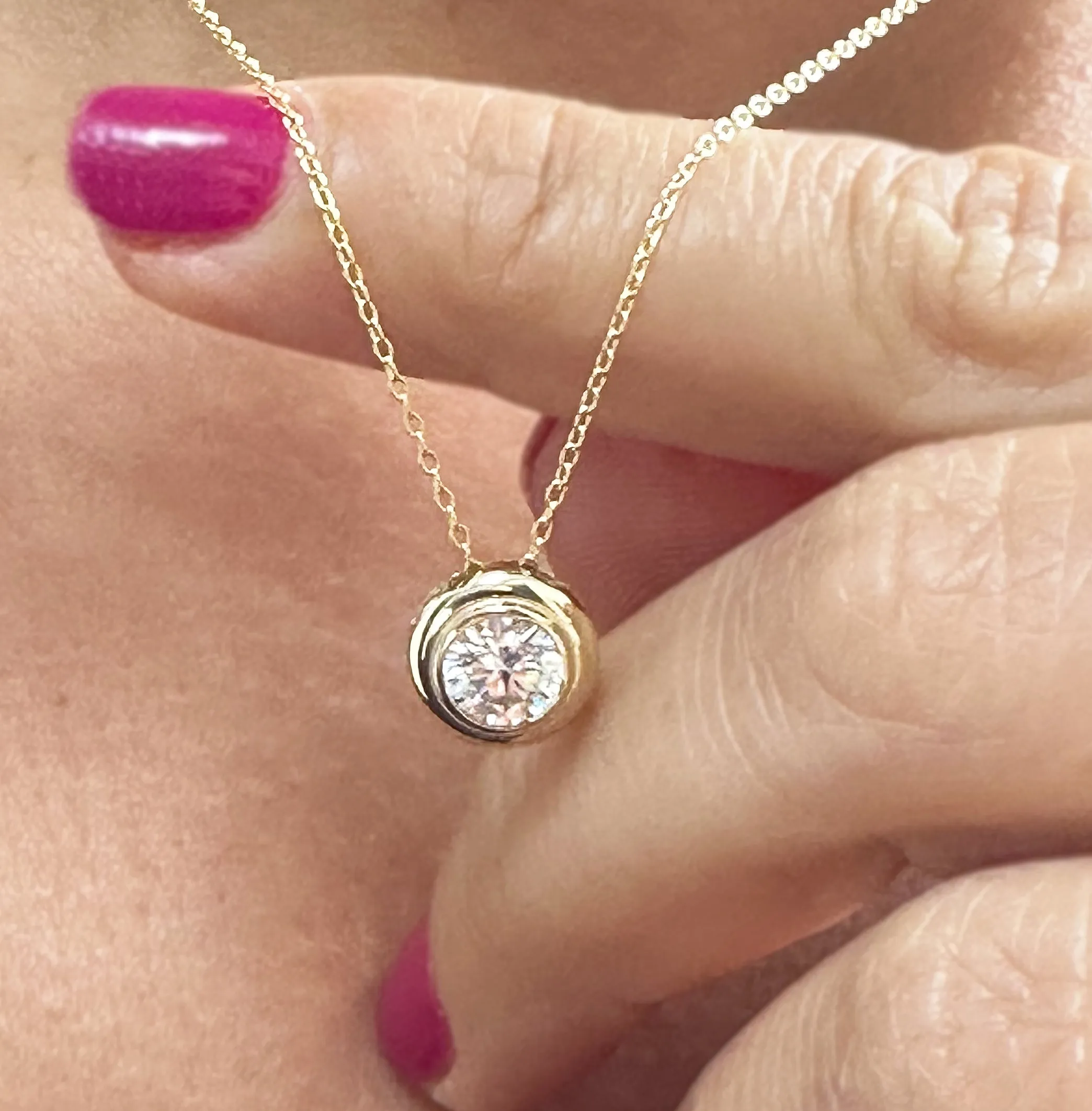 Round Cut CVD Diamond Pendant And Chain Solitaire Minimalist Dainty Bezel Set 14k Solid Yellow Gold Necklace And Chain Wedding Gift 1.00ct